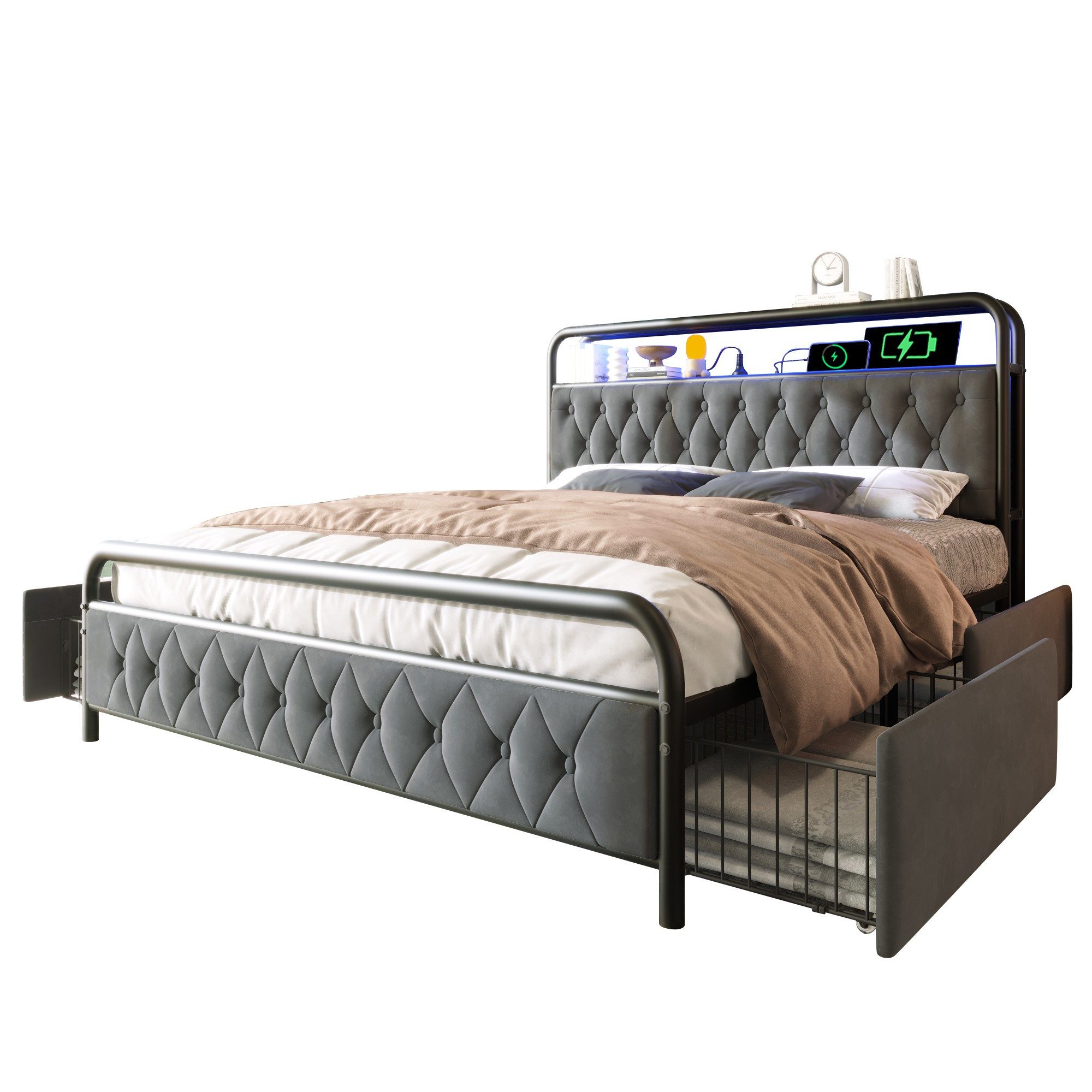 Luckice Upholstered Bed 140×200cm Double Bed with USB Type C Charging (APP-Control LED Bed Frame, Metal Bed Frame and 4 Drawers), Velvet (Mattress Not Included)