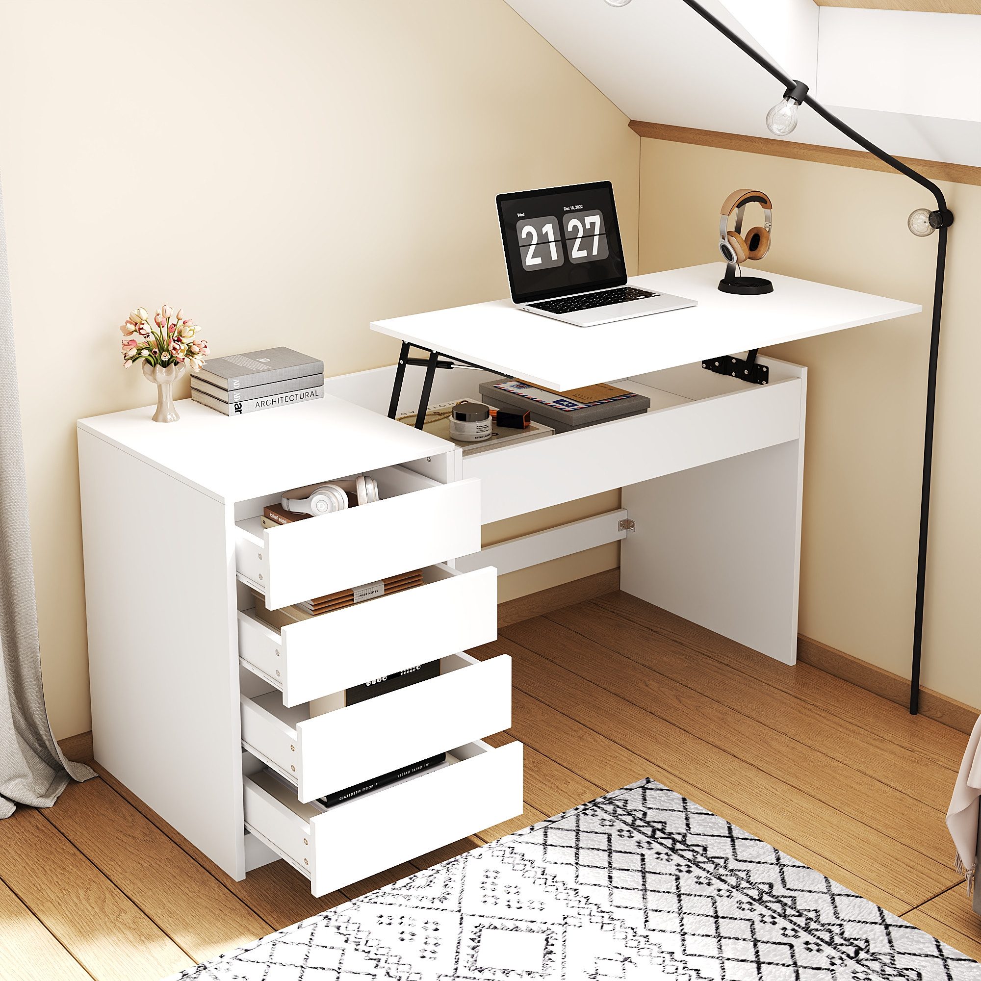 Flieks Schreibtisch mit höhenverstellbarer Tischplatte und verstecktem Stauraum (120×50×78–92 cm, 1-St., 1 Tisch mit 4 Schubladen), multifunktionales Computertisch Schminktisch Bürotisch Weiß