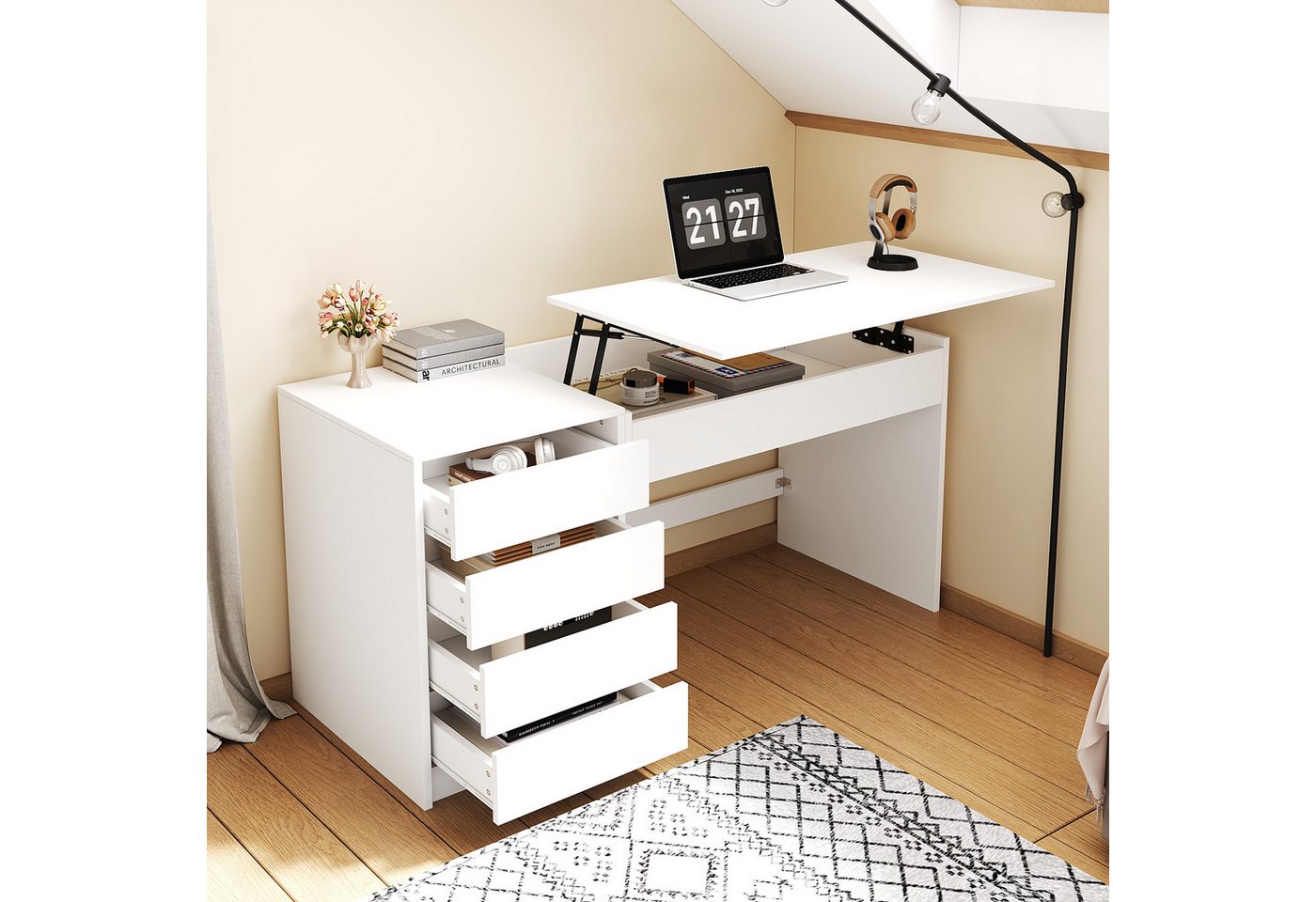 Flieks Schreibtisch mit höhenverstellbarer Tischplatte und verstecktem Stauraum (120×50×78–92 cm, 1-St., 1 Tisch mit 4 Schubladen), multifunktionales Computertisch Schminktisch Bürotisch Weiß