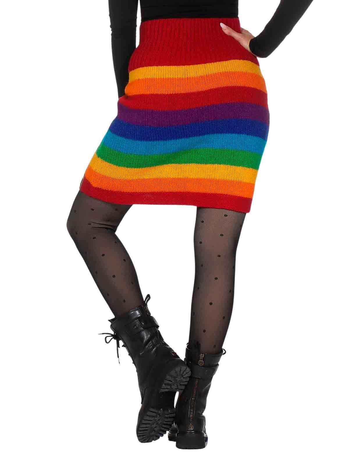 KUNST UND MAGIE Strickrock Bunter Strickrock kurz + Regenbogenmuster Wolle gefüttert Rainbow