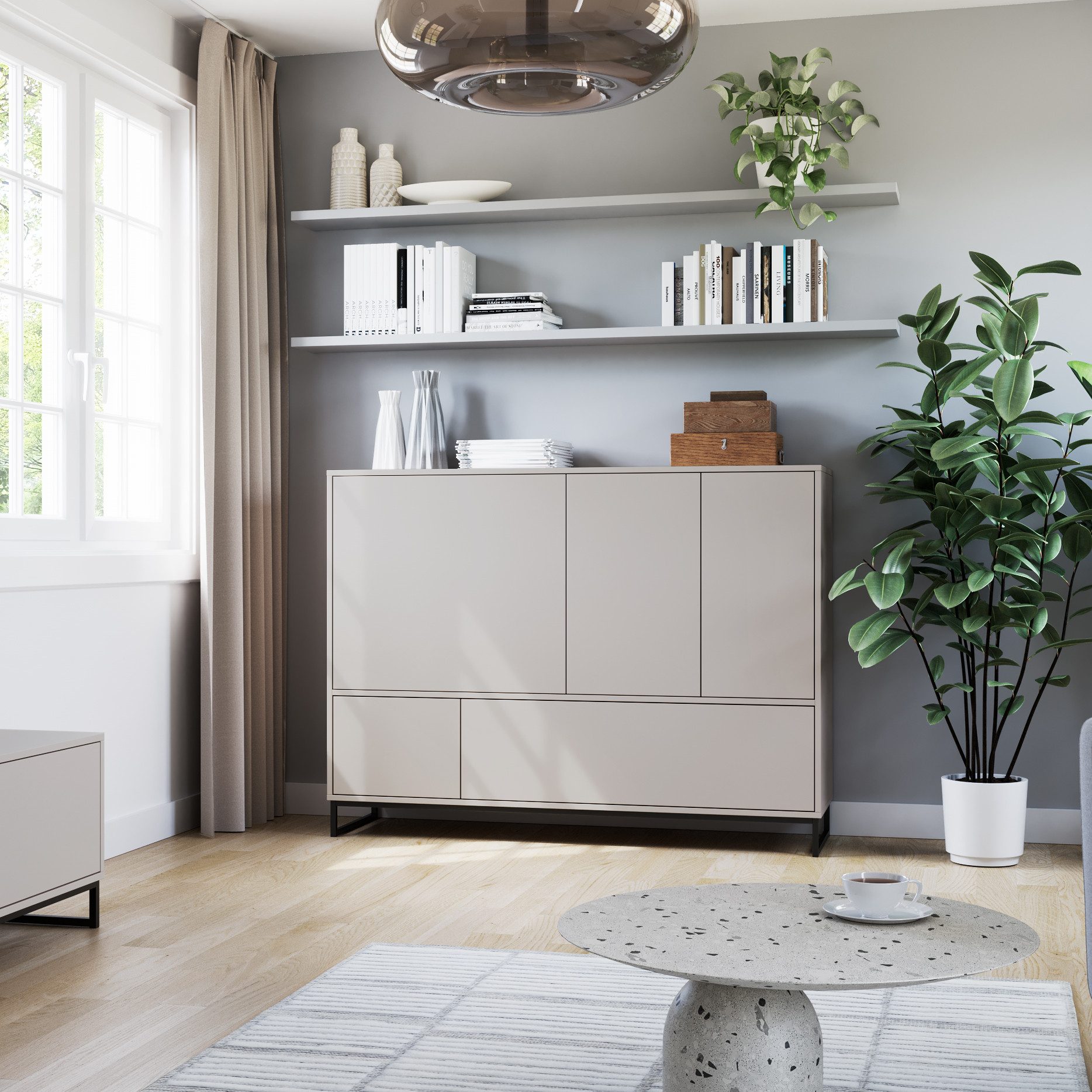 Beautysofa Kommode GIANA – elegante grifflos mit 5 Türen push‑to‑open (erhältlich in Sandbeige oder Flaschengrün), Breite: 160 cm
