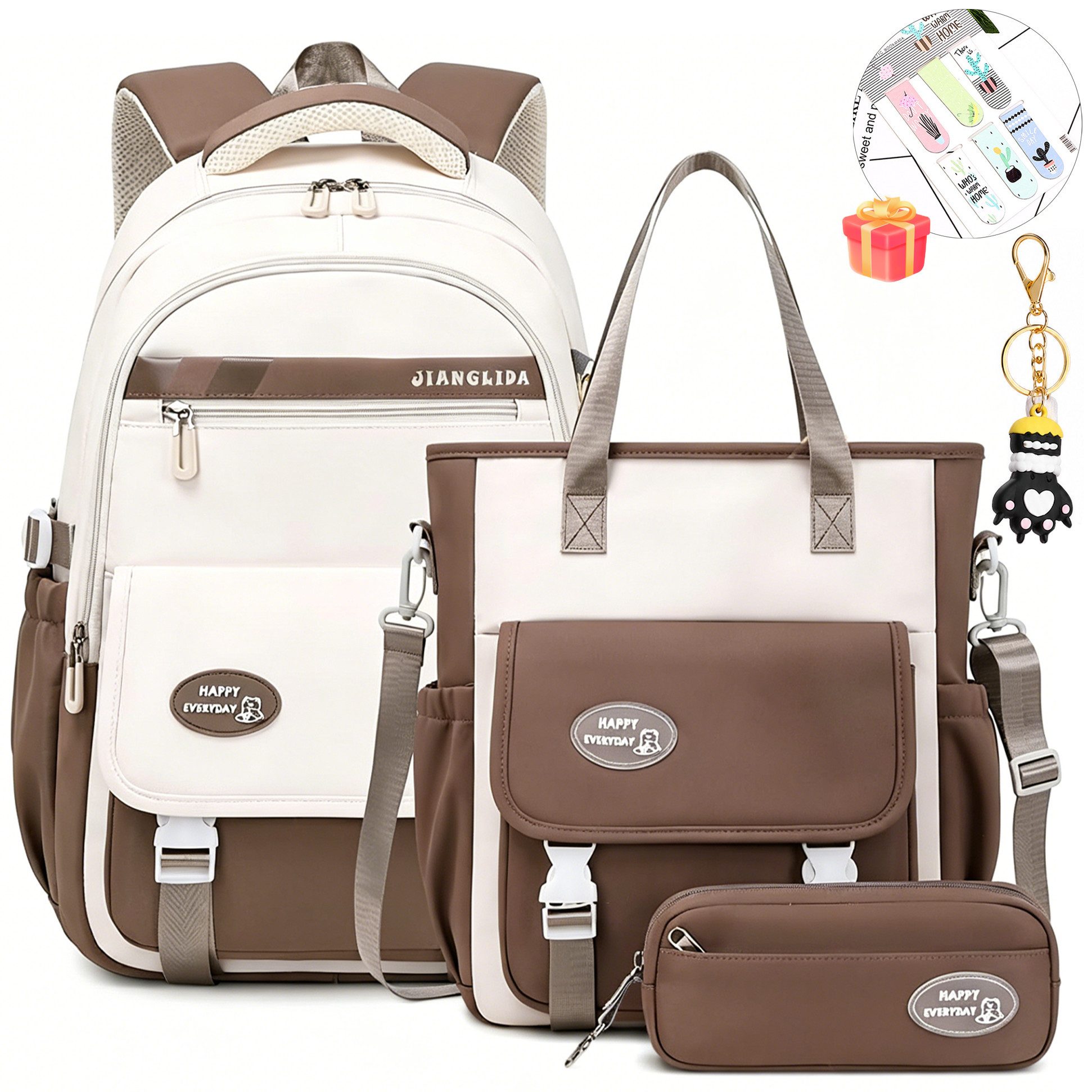 MOPUEA Schulrucksack 3-teiliges Schulrucksack-Set Turnbeutel Mit 6 magnetischen Lesezeichen (Multi-Tasche Schulranzen Rucksack Daypacks Schultaschen-Set Teenager, 3-tlg), mit Lunchbox, Federmäppchen und süßem Anhänger, 3-teilig