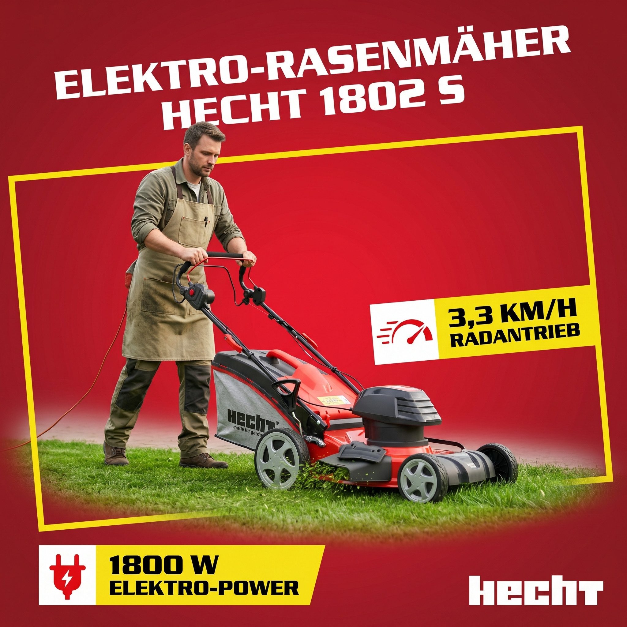 Hecht Elektrorasenmäher mit Radantrieb 1800 W 5in1 50 Liter Fangkorb, 46 cm Schnittbreite, Schnitthöhenverstellung - Mulchkit - 3,3 km/h