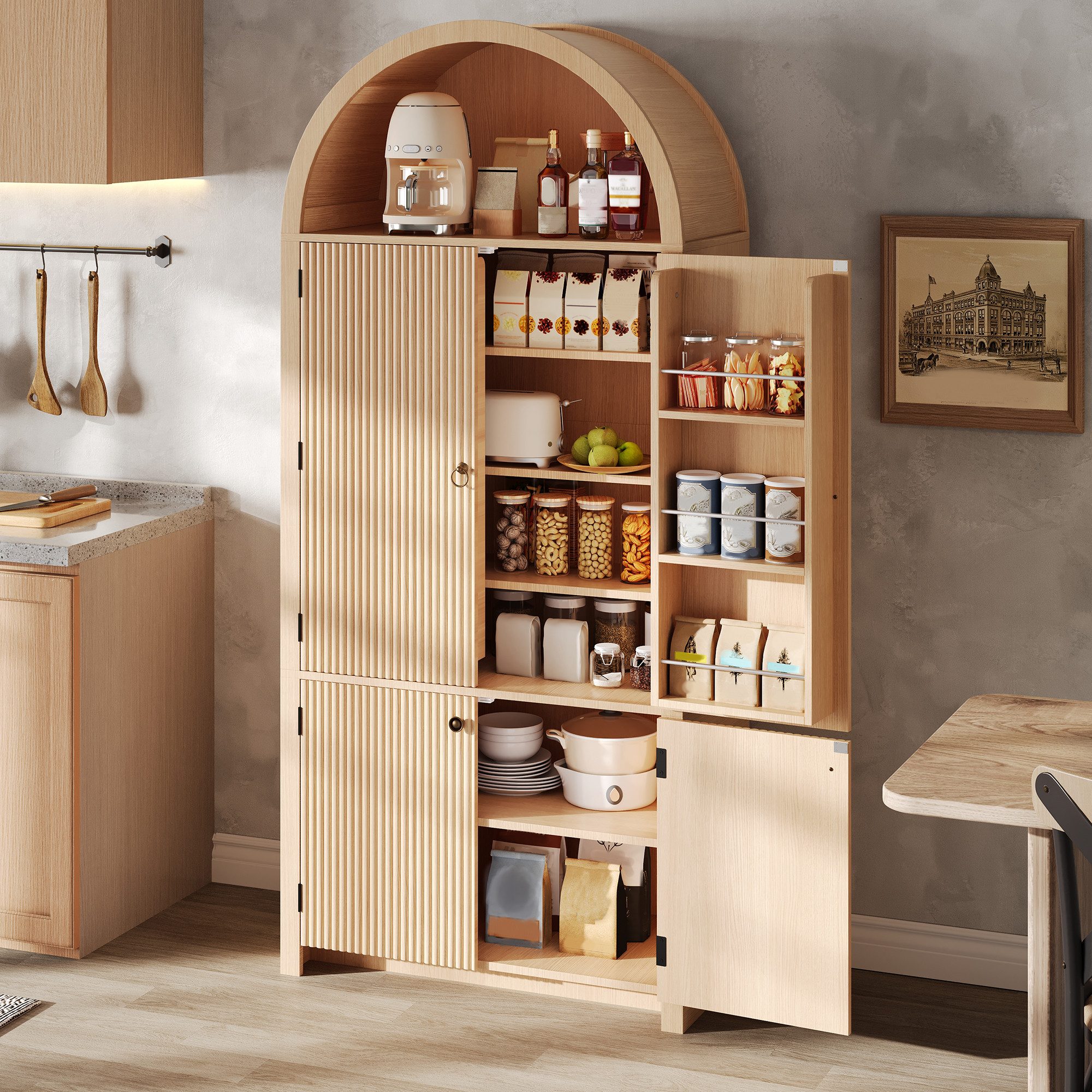 HAUSS SPOLE Hochschrank für Küche & Esszimmer,Bogenschrank Küchenschrank mit Türablagen,Natur (Aufbewahrungsschrank Highboard 180×80×40cm für Wohnzimmer oder Esszimmer) Wohnzimmerschrank mit offenem Oberfach,Vintage-Optik