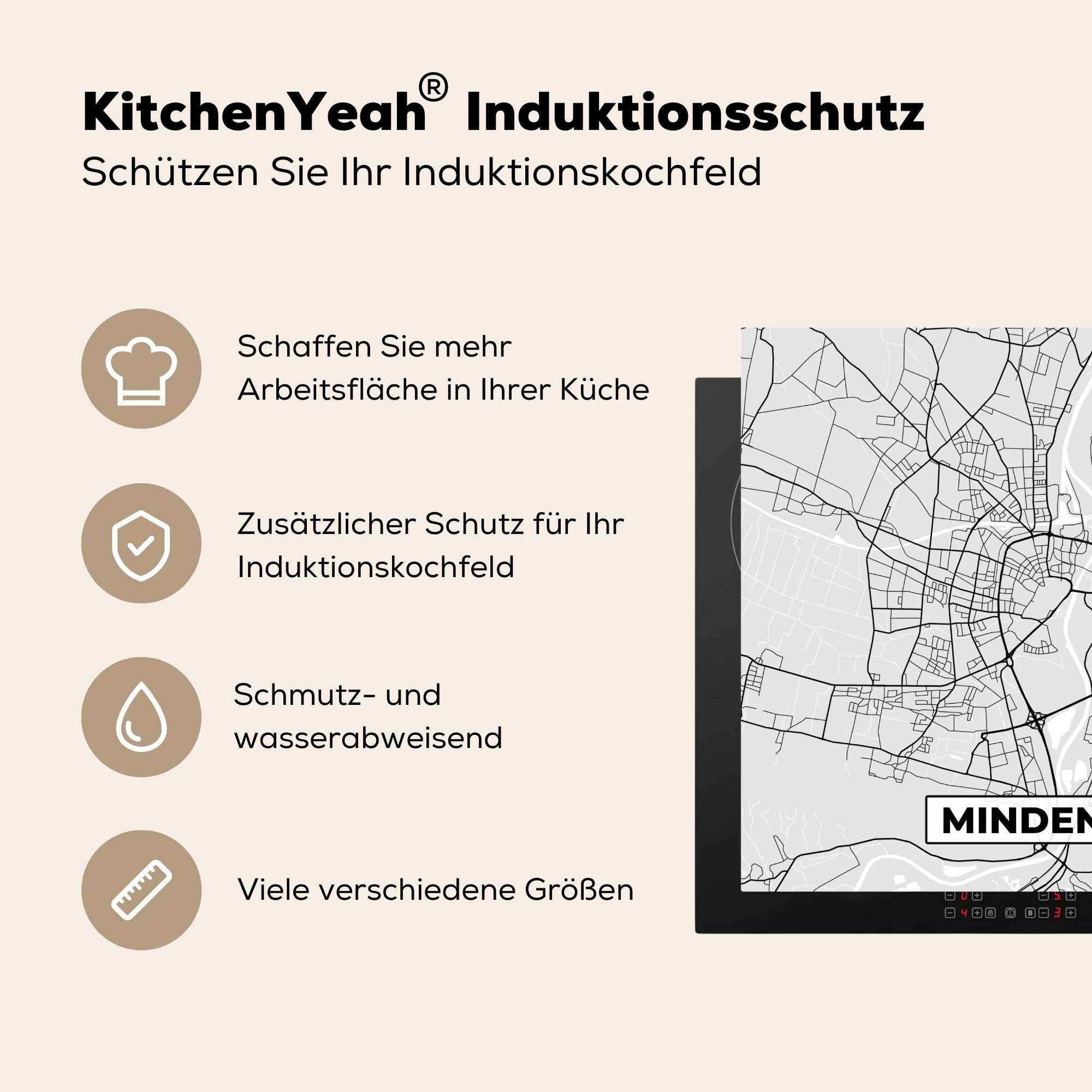 MuchoWow Herdblende-/Abdeckplatte Minden - Karte (1 Arbeitsplatte cm, - - Deutschland 78x78 tlg), Vinyl, Ceranfeldabdeckung, Karte, - für Stadtplan küche