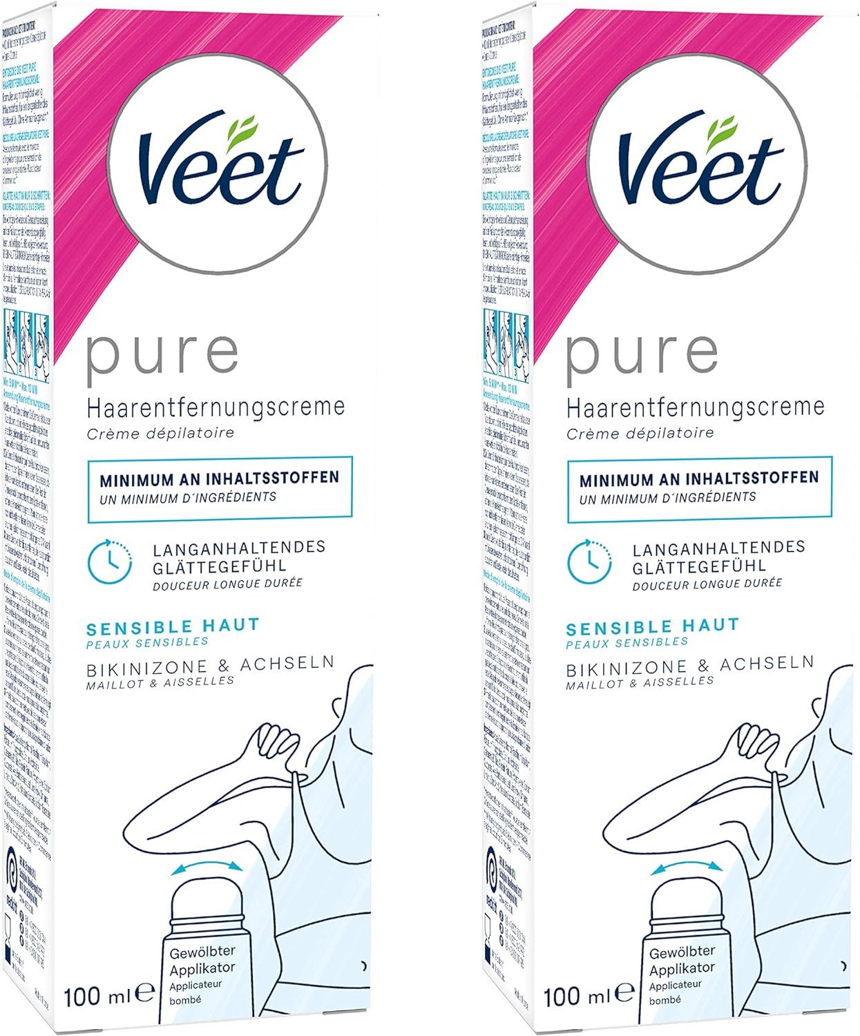 Veet Enthaarungscreme PURE (2 x 100ml), Spar-Pack, 2 St., für Bikini & Achseln, mit gewölbtem Applikator und Spatel