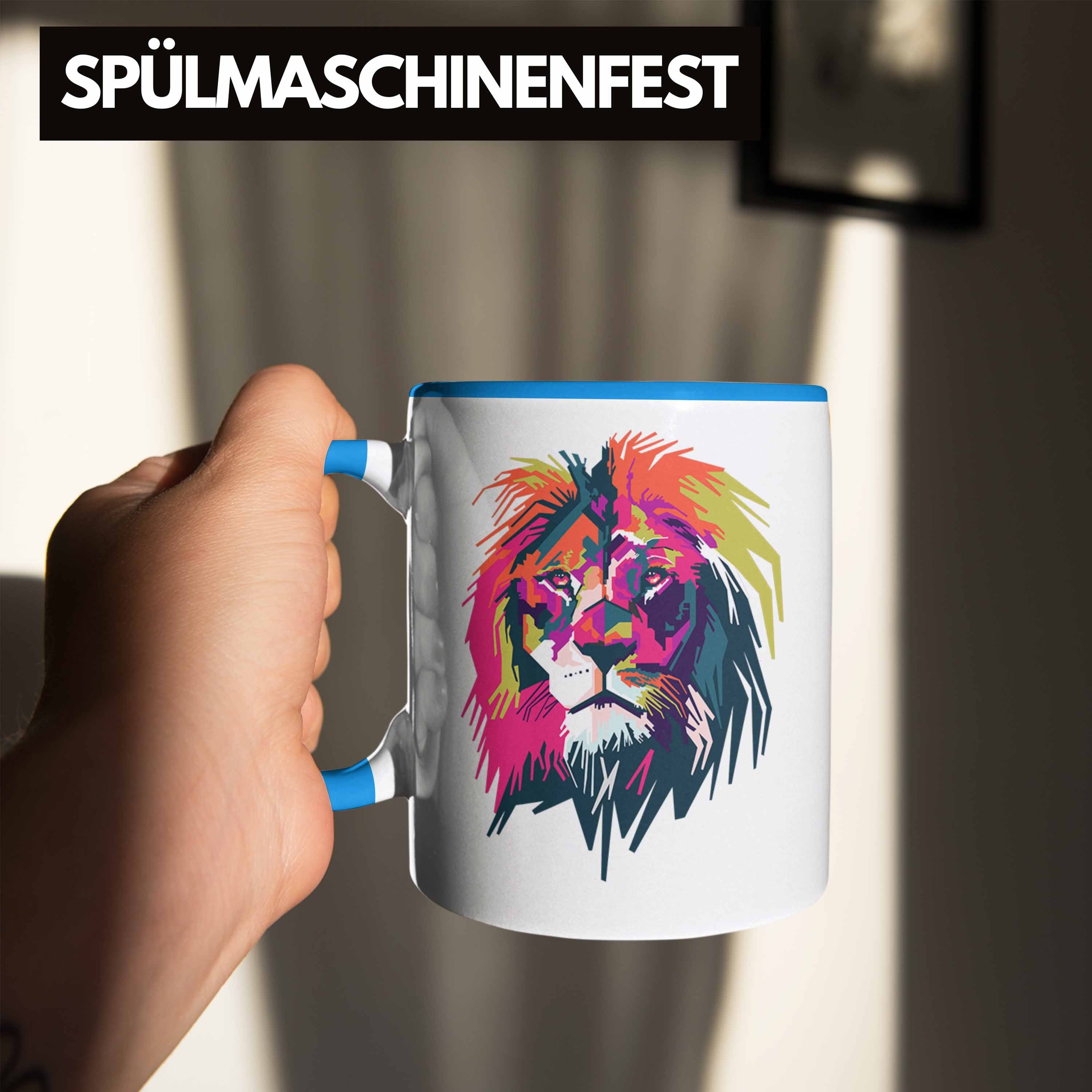 Trendation Geschenk Tasse Blau Polygon Tasse - Bunt Trendation Löwen-Liebhaber Löwe