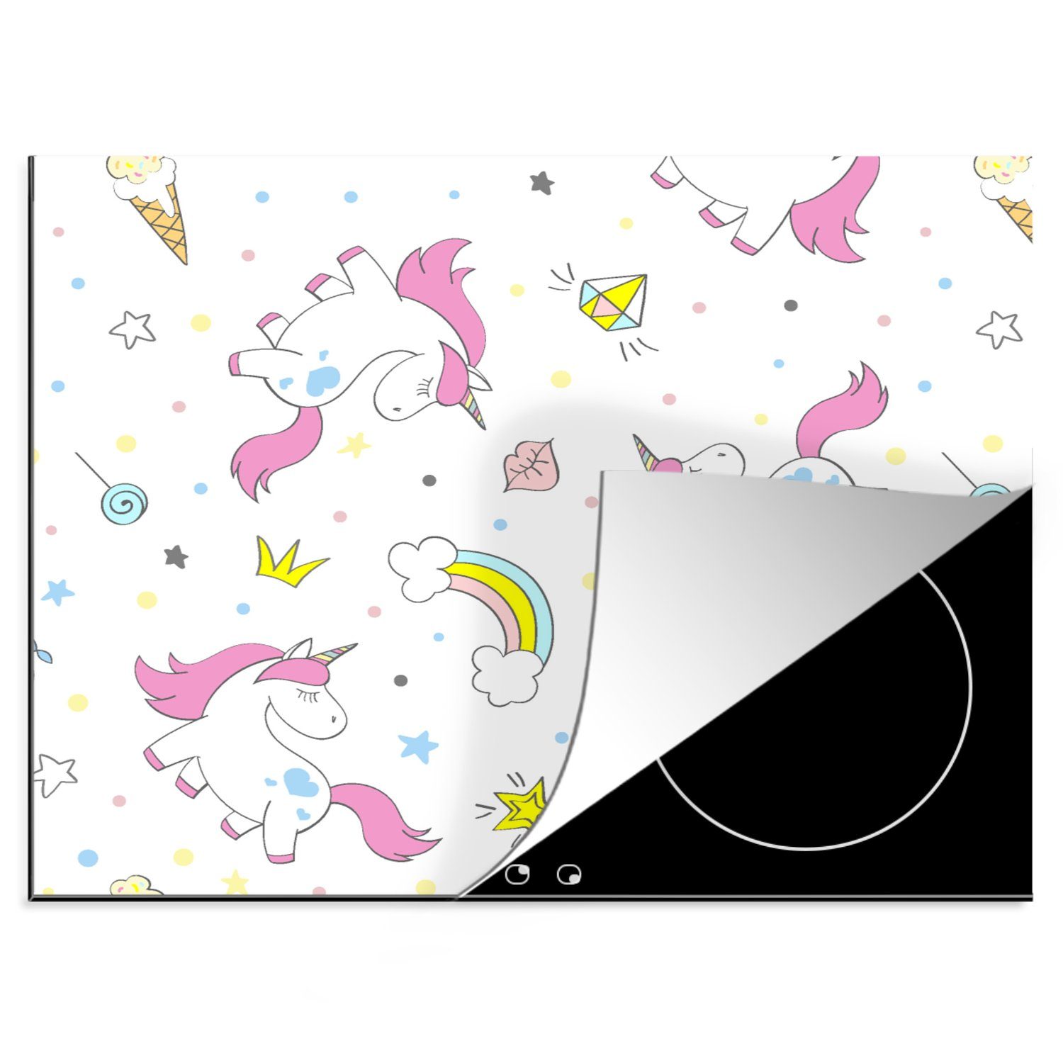 Einhorn cm, Mobile Arbeitsfläche tlg), (1 Regenbogen - - nutzbar, 60x52 Ceranfeldabdeckung Muster, MuchoWow Vinyl, Herdblende-/Abdeckplatte