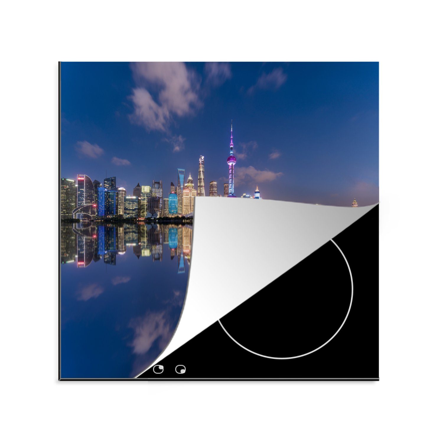 Vinyl, MuchoWow für (1 Herdblende-/Abdeckplatte tlg), Abend, - Arbeitsplatte Skyline Shanghai Ceranfeldabdeckung, küche 78x78 - cm,