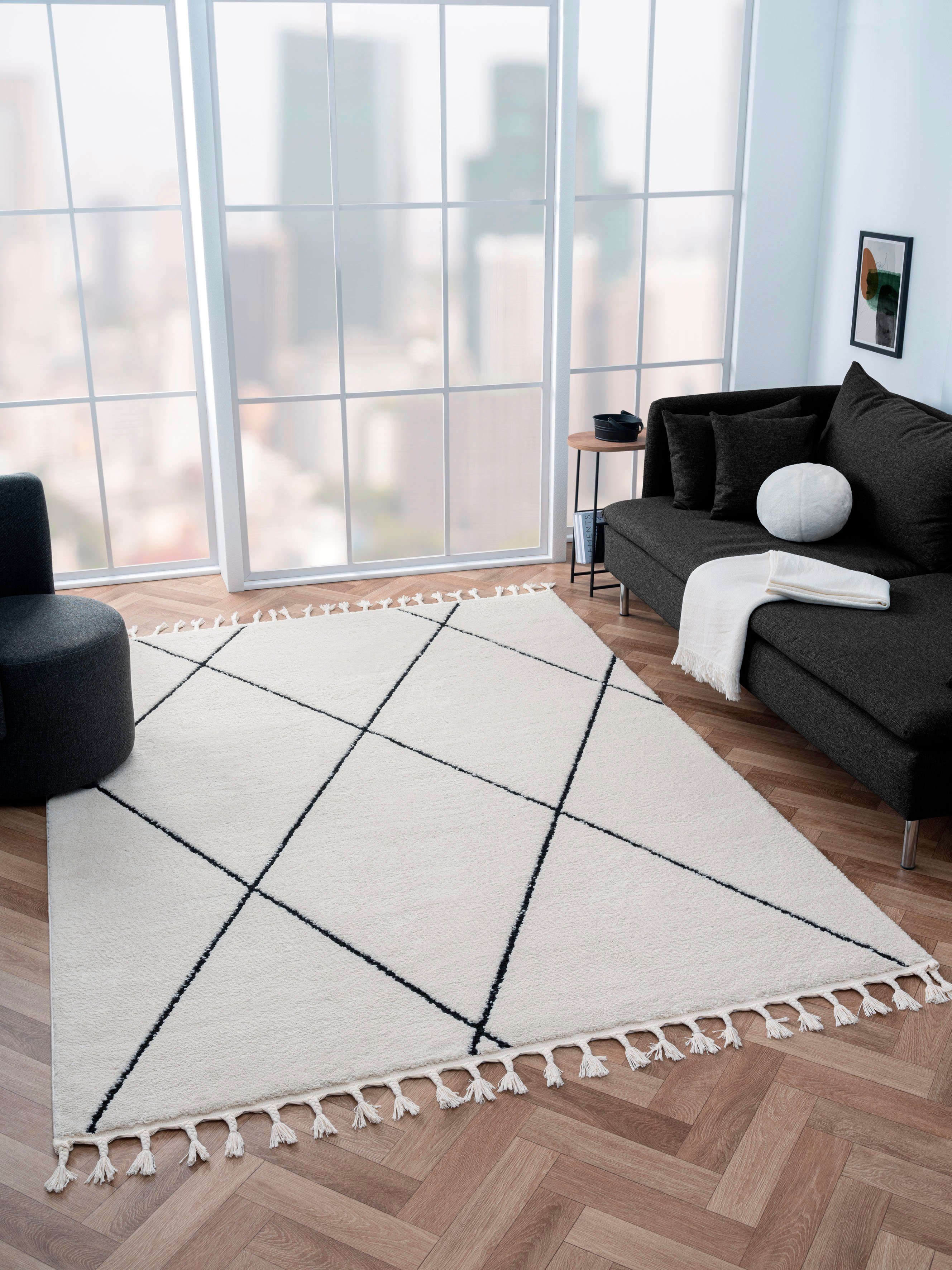 Myflair Möbel & Accessoires Hochflor-Teppich Moroccan Pattern, rechteckig, Höhe: 24 mm, modern, marokkanisches Design, Rauten Muster, weich, mit Fransen