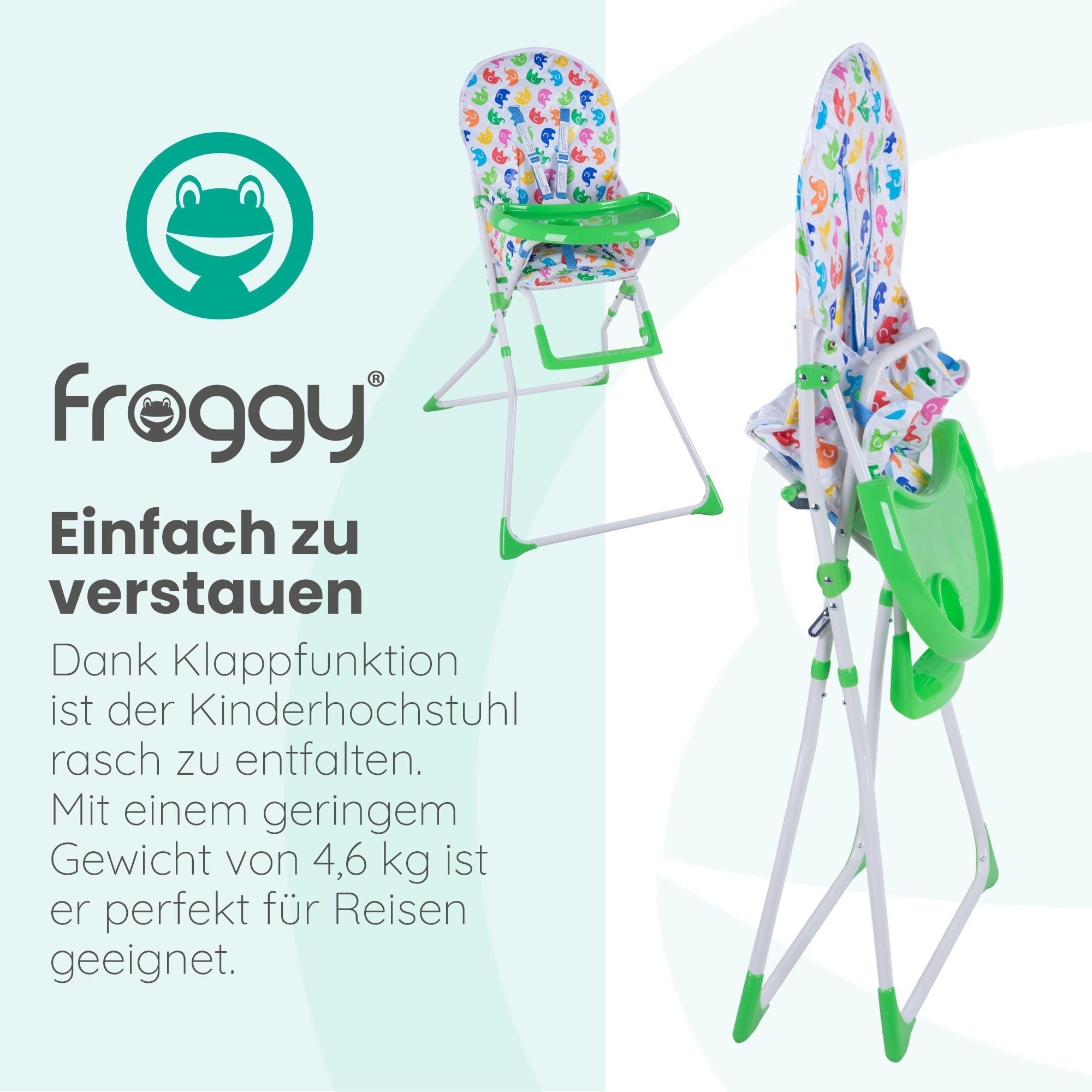 Froggy Hochstuhl, Sicherheitsgurt zusammenklappbar, und Esstisch Grün mit
