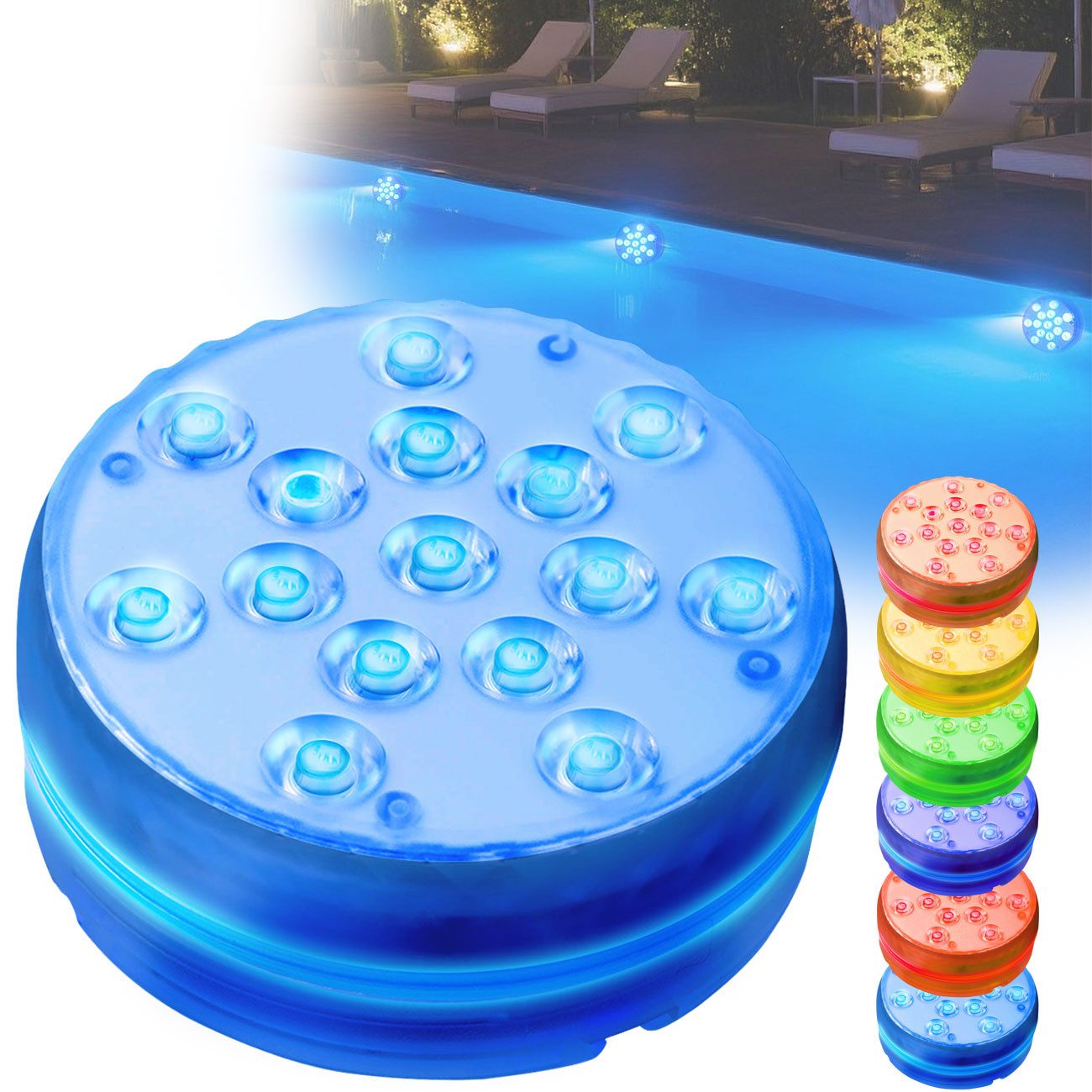 shop'n smile ideoon Pool-Lampe Multicolor LED Unterwasserleuchte Poolbeleuchtung Saugnäpfe Timer IP68, LEDs, 15 LEDs je Leuchte, wasserdicht, dimmbar & per Fernbedienung steuerbar