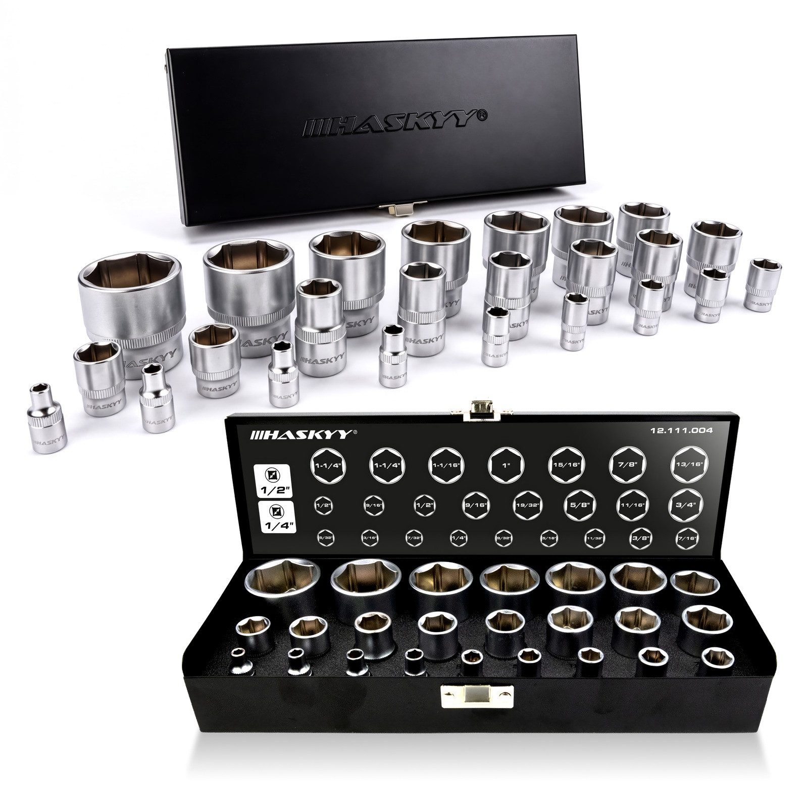 HASKYY Steckschlüssel 24-tlg Stecknuss-Set Zoll 1/4″ & 1/2″ Antrieb – 5/32″–1 1/4″