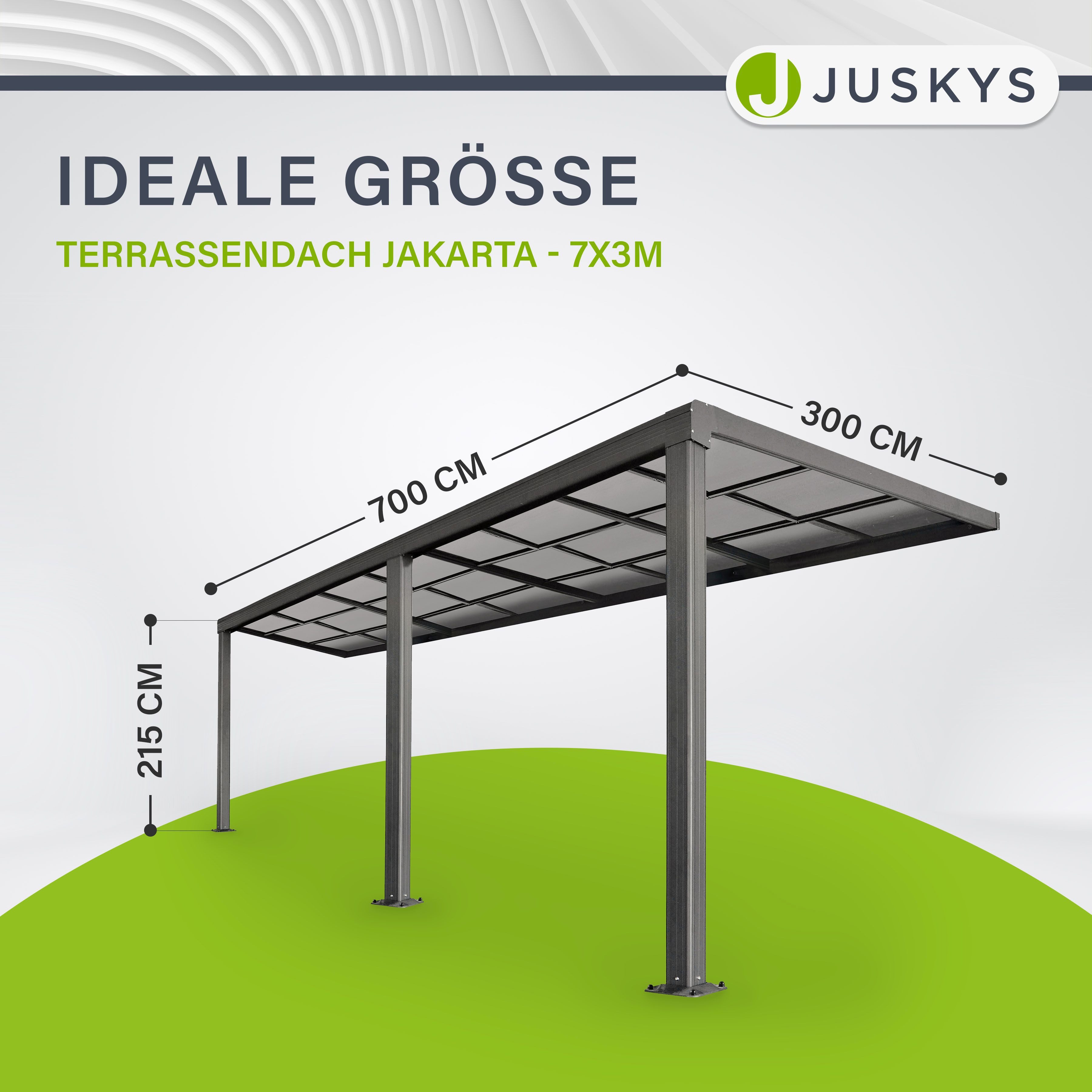 Juskys Terrassendach Jakarta, BxT: 700x300 cm, mit Schiebefenster, inkl. Fallrohr und Fußboden-Verankerung
