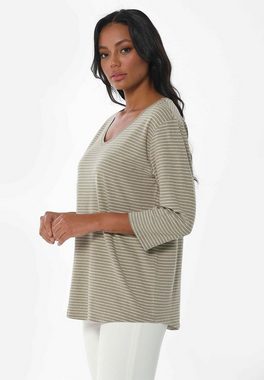 ORGANICATION T-Shirt Women's Striped 3/4 Sleeve T-shirt in Olive/Off White
