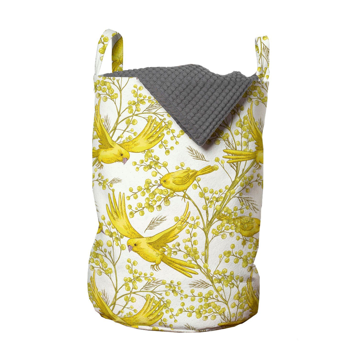 Abakuhaus Wäschesäckchen Wäschekorb mit Griffen Kordelzugverschluss für Waschsalons, Frühling Sommer Mimosa und Vogel-Kunst