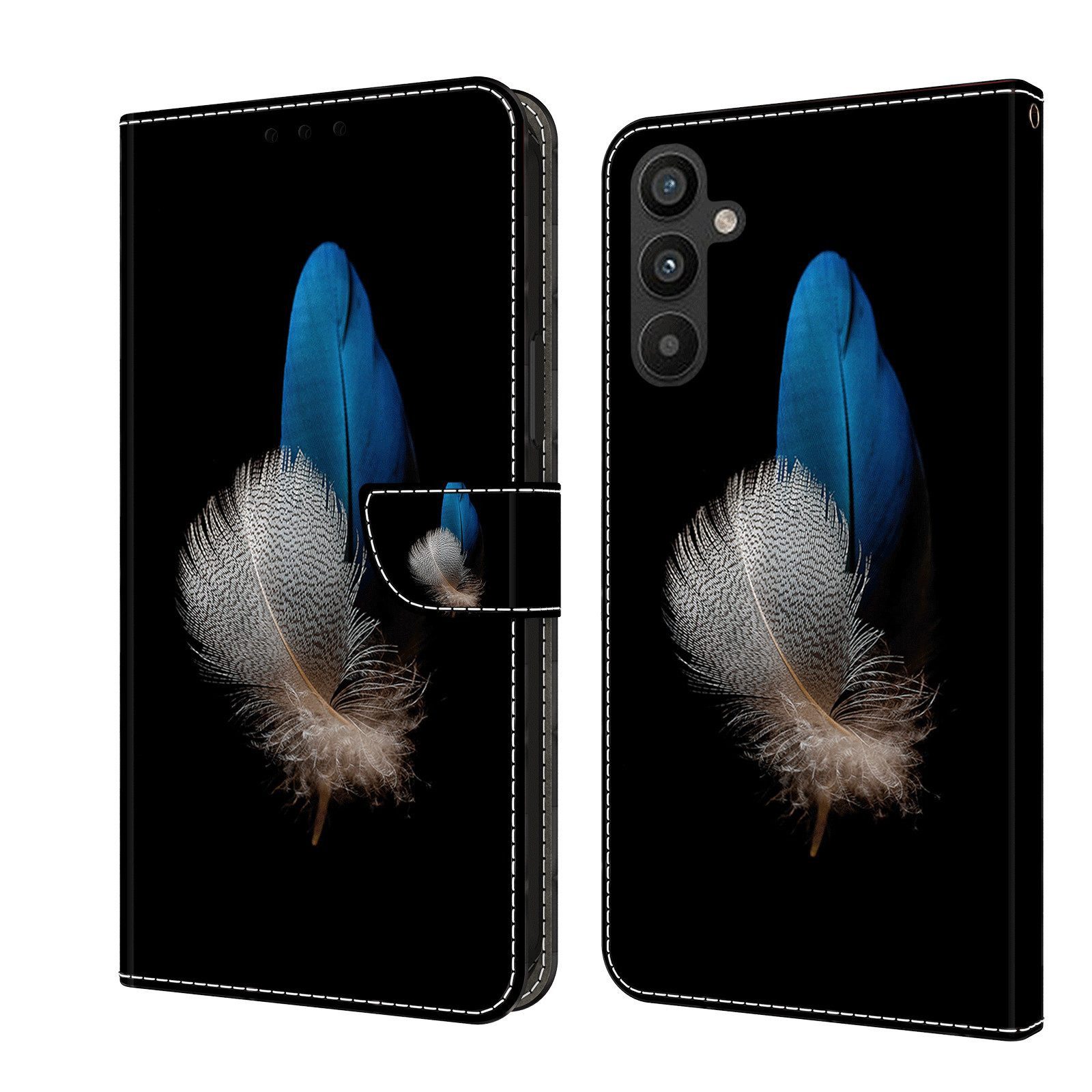 CLM-Tech Handytasche für Samsung Galaxy A57 5G Klapphülle aus PU Leder (zwei Federn blau und weiß, 1-tlg., Flip Case), Magnetverschluss, Standfunktion und Kartenfächer