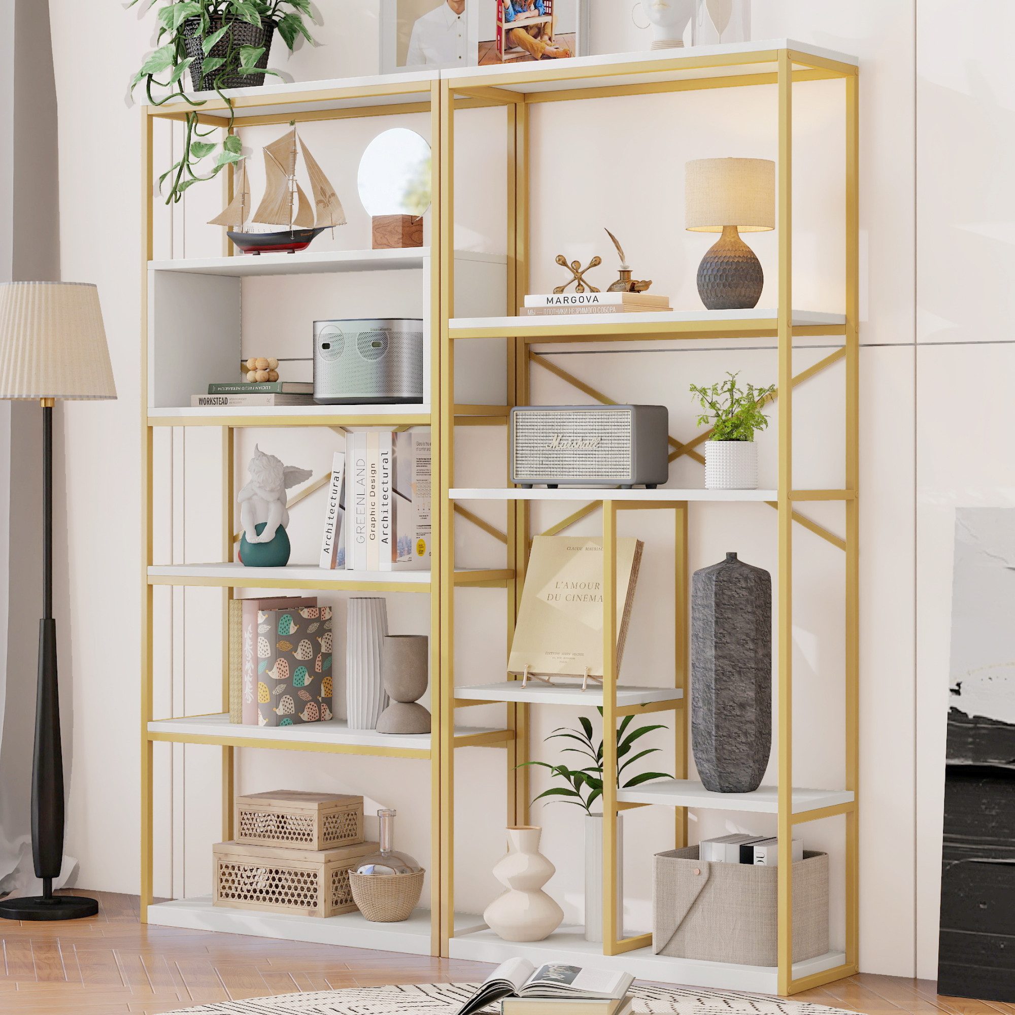 Merax Bücherregal Vitrine, Modernes Standregal mit Mehrfachablagen, 1-tlg., Offenes Bücher, Metall Regal, für Wohnzimmer, Büro oder Schlafzimmer