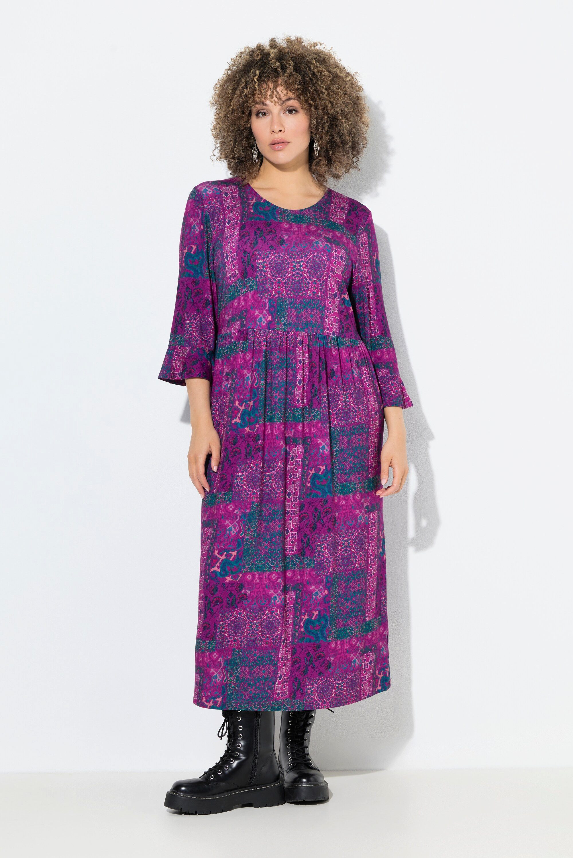 Ulla Popken Jerseykleid Jersey-Midikleid Patchdruck A-Linie Rundhals günstig online kaufen