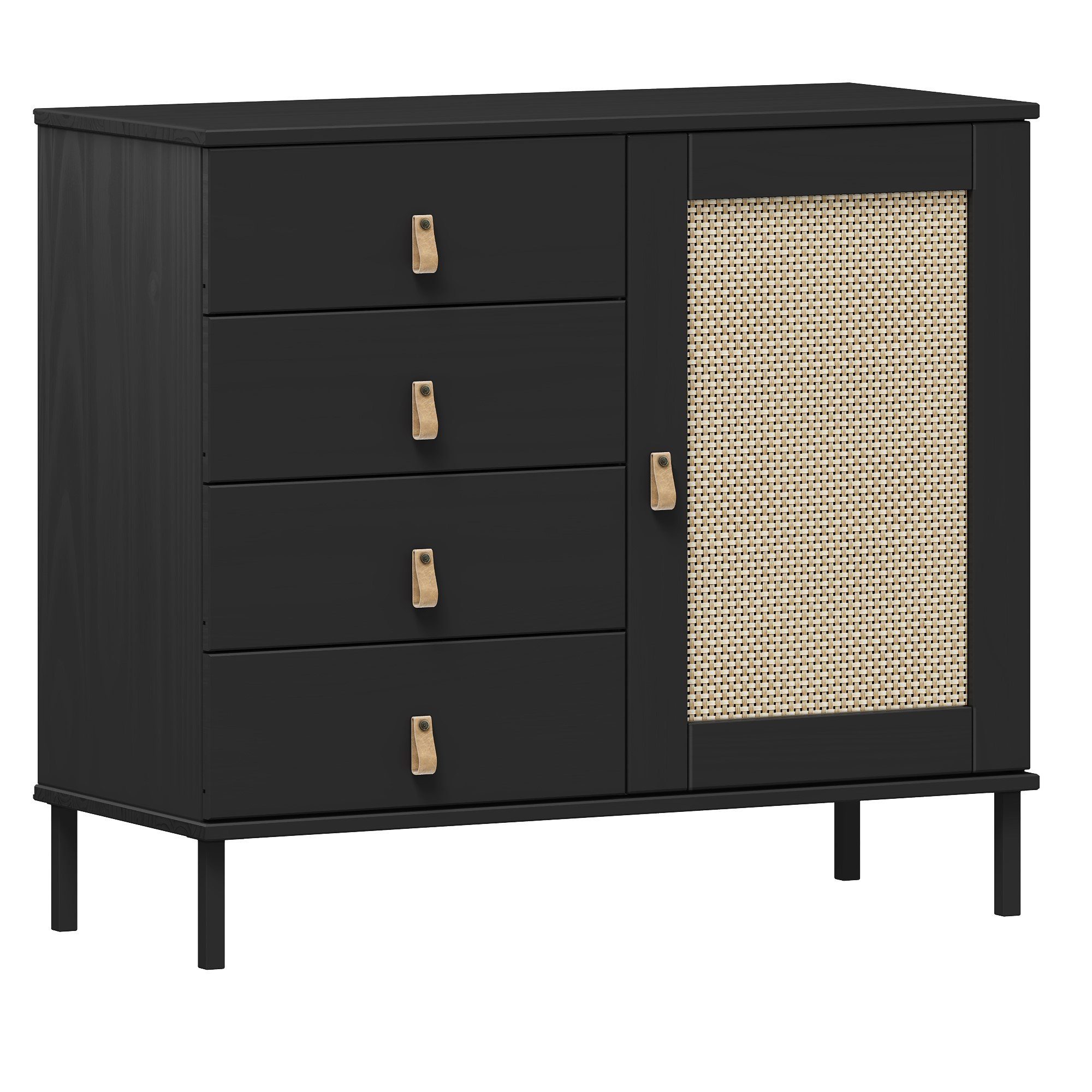 Woodroom Sideboard Elegante Kommode Valencia, Wohnzimmerschrank aus Kiefer,schwarz,90x80x40cm