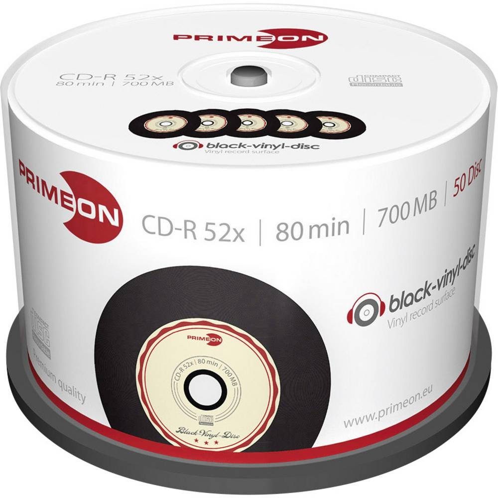PRIMEON CD-Rohling CD-R 700MB 52x Black-Vinyl-Disc 50er Cakebox 2761108, Vinyl
