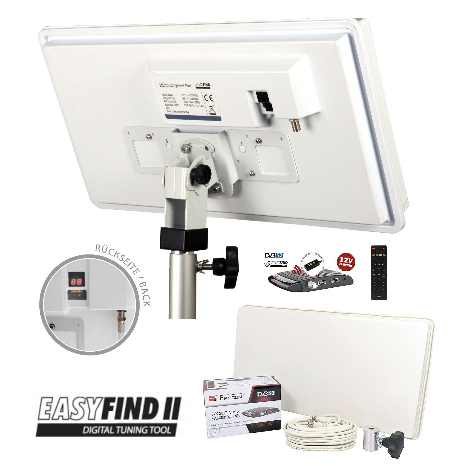 EasyFind Traveller Kit II inkl. Full HD Receiver + Dreibein Adapter Camping Sat-Anlage