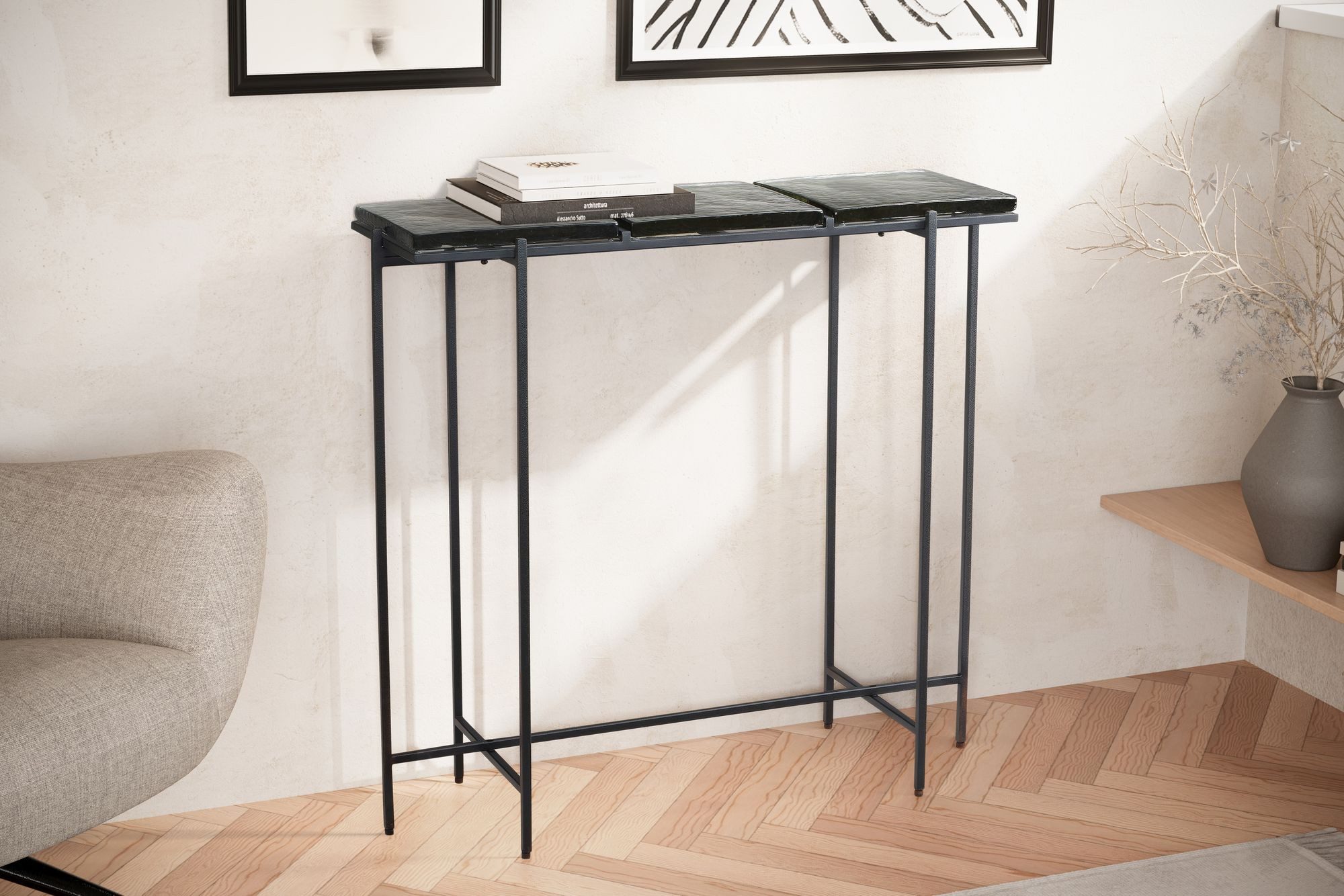 FINEBUY Konsolentisch FB102790 Anrichte 90 cm Ablagetisch Flurtisch Glas Metall Modern (Dielentisch abnehmbare Tischplatten, Ablagetisch), Dielentisch abnehmbare Tischplatten, Ablagetisch