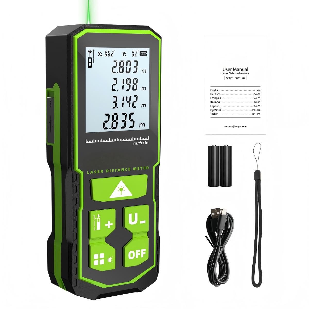 AIBISTAR Entfernungsmesser Digitaler Laser-Entfernungsmesser 60m Lasermessgerät,USB, Pythagoras, 7 Messmodi,Doppelte Winkelmessung,LCD-Display
