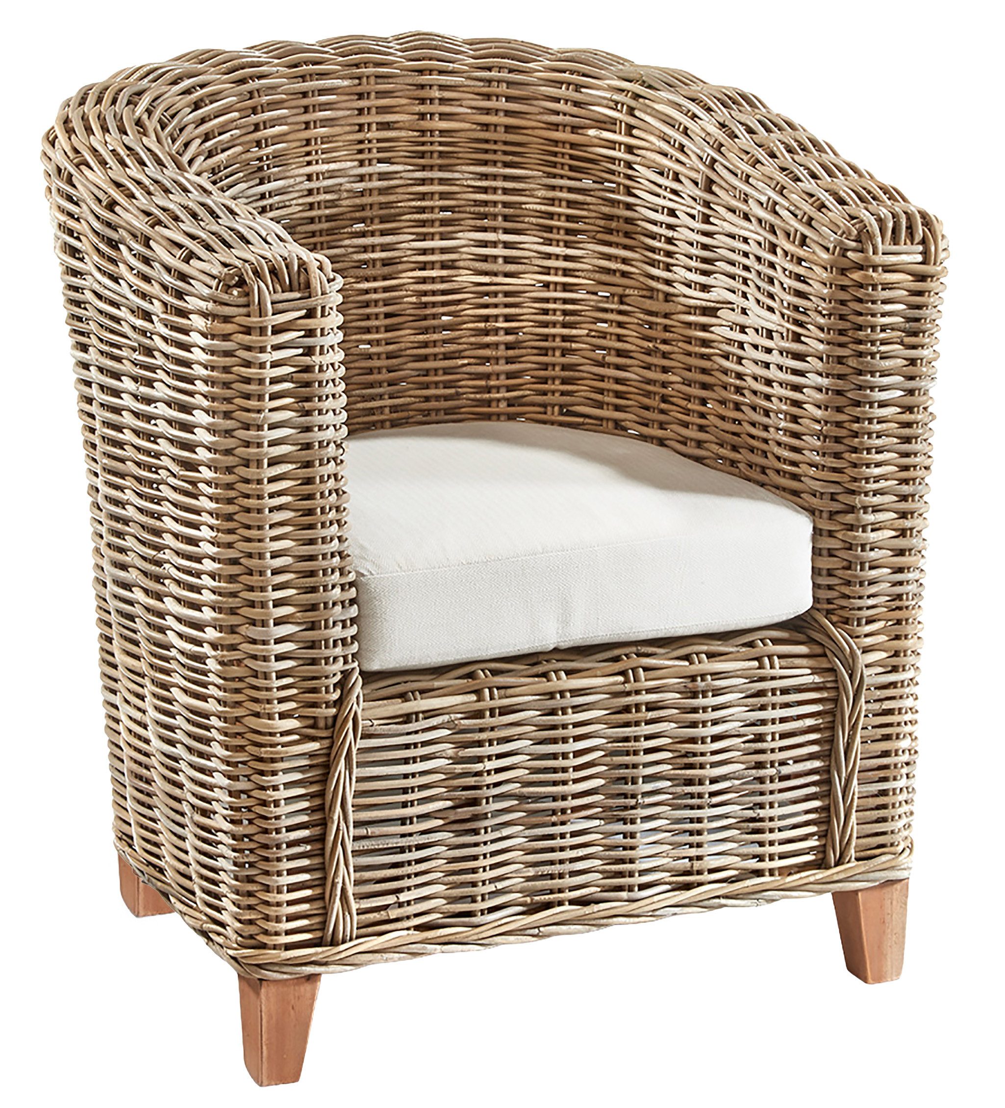 Kobolo 4-Fußstuhl Sessel Hocker Korbsessel RUSTO aus Rattan inklusive Sitzkissen (Einzelstück, 1 St), Stuhl Armlehnen Esszimmerstuhl 80 cm hoch