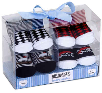 BRUBAKER Socken Babysocken für Jungen und Mädchen 0-12 Monate (4-Paar, Baumwollsocken im Piraten Design) Baby Geschenkset für Neugeborene in Geschenkverpackung mit Schleife