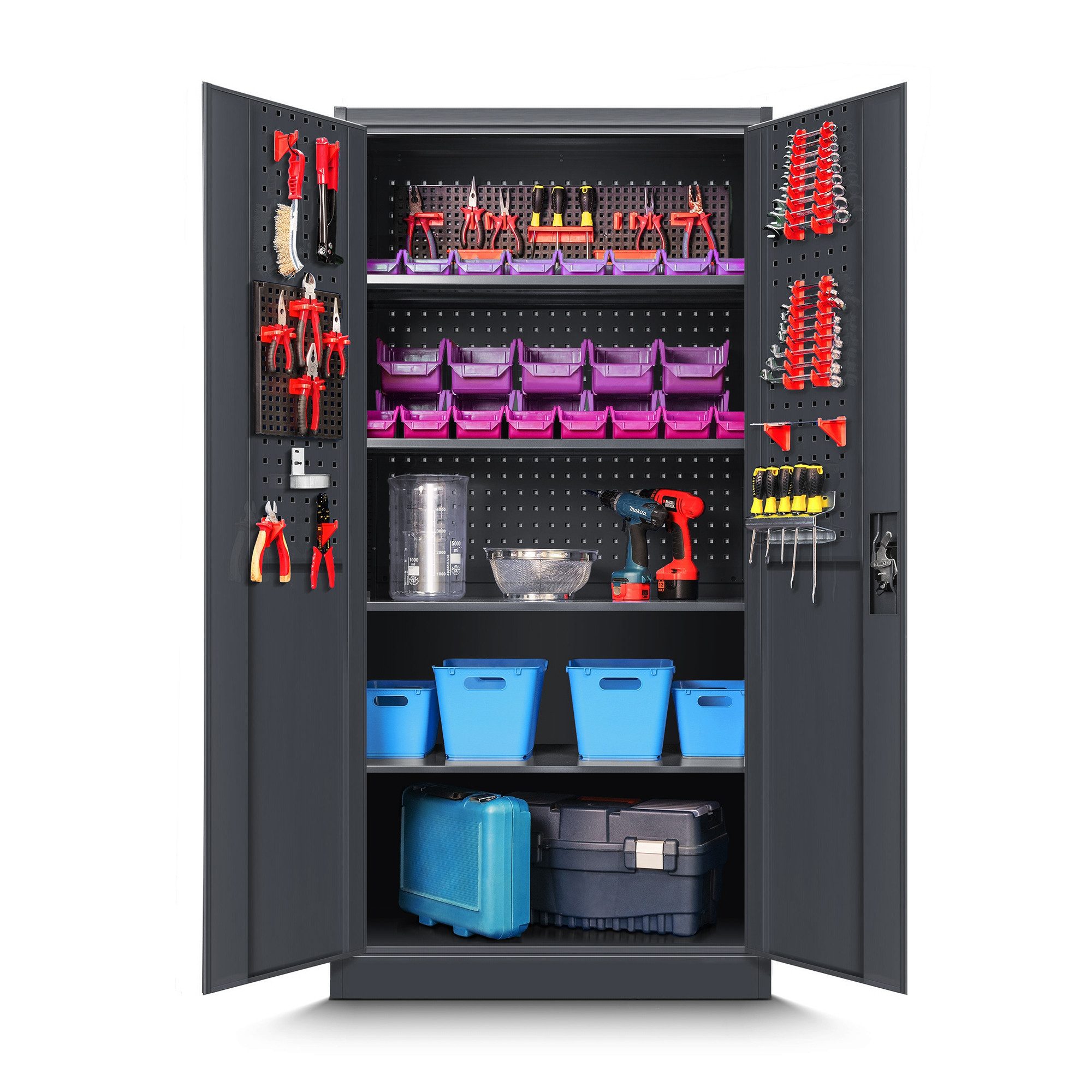 Jan Nowak Werkzeugschrank Profi Schrank abschließbar 92 cm BRUNO 5 Böden Stahl 0,8 mm (Stahl 0,8 mm Rückwand perforiert Türen perforiert PZH-zertifiziert) Werkstattschrank Schloss 2 Schlüssel perforiert robust 5 Farben
