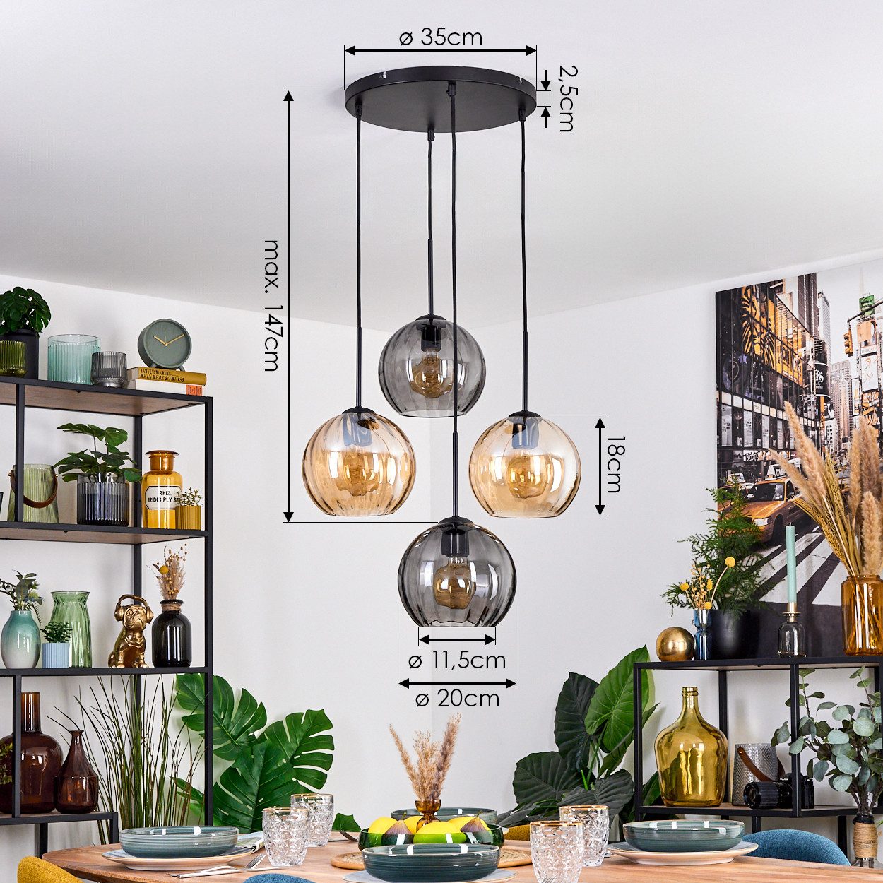 hofstein Hängeleuchte Hängelampe aus Metall/Riffelglas in Schwarz/Bernstein-/Rauchfarben, ohne Leuchtmittel, Pendelleuchte im Retro/Vintage-Design (Schirme Ø 20 cm), 4 x E27