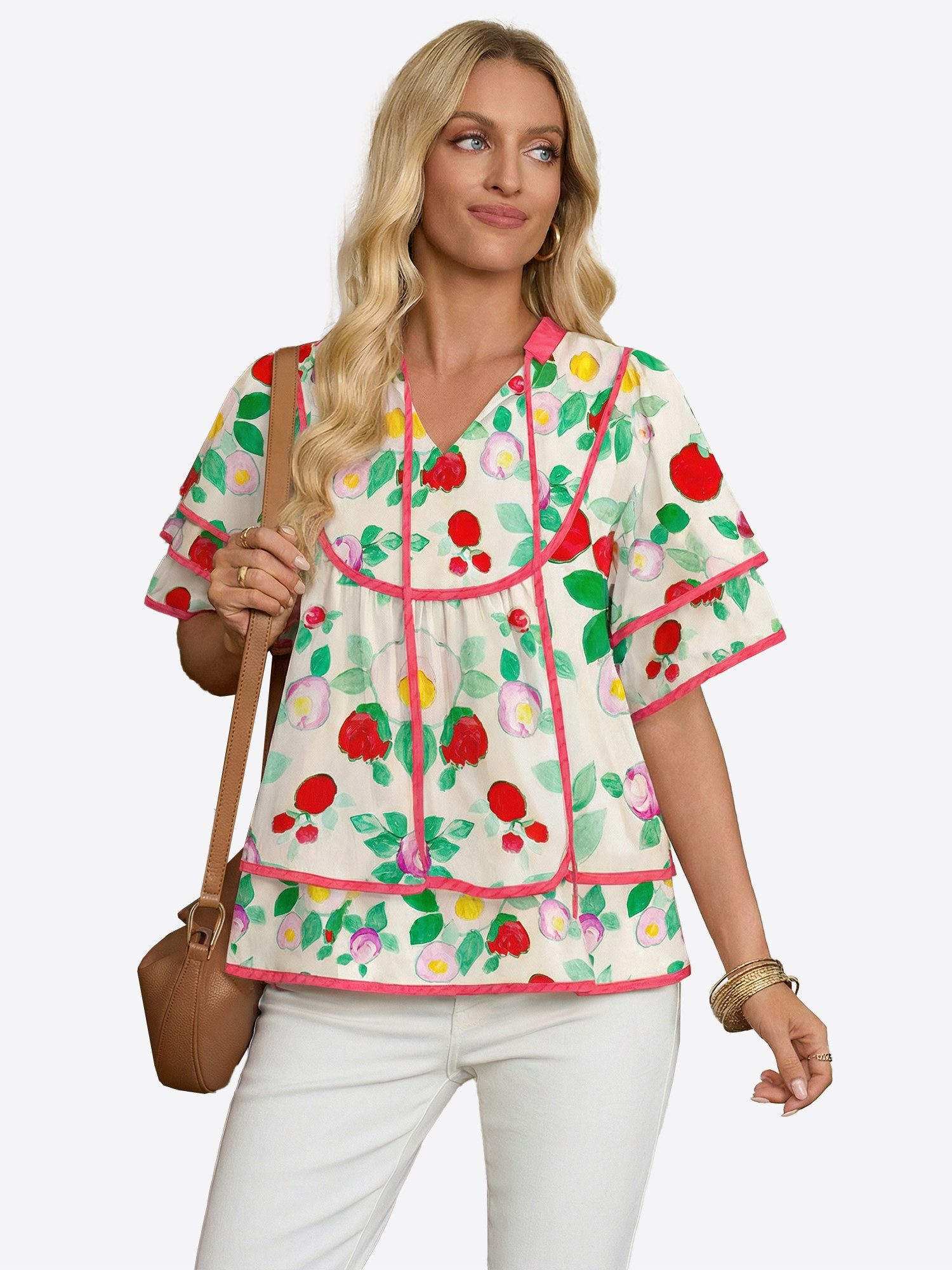 Imily Bela Kurzarmbluse Damen Babydoll Tops mit Blumenmuster (Packung, 1-tlg., 1per-Pack) mit V-Ausschnitt – Bild 5 von 5