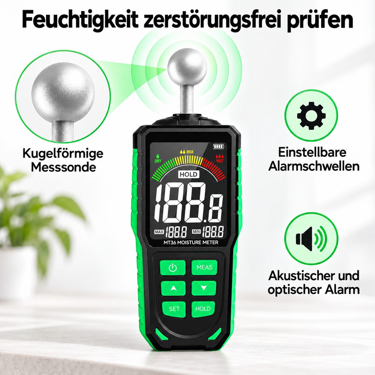 TSE Feuchtigkeitsmesser MILFECH Feuchtigkeitsmessgerät Wand 5–40 mm USB-C 3-Zoll Farbdisplay, (Feuchtigkeitsmessgerät), Zerstörungsfreie Messung, automatische K – Bild 2 von 5