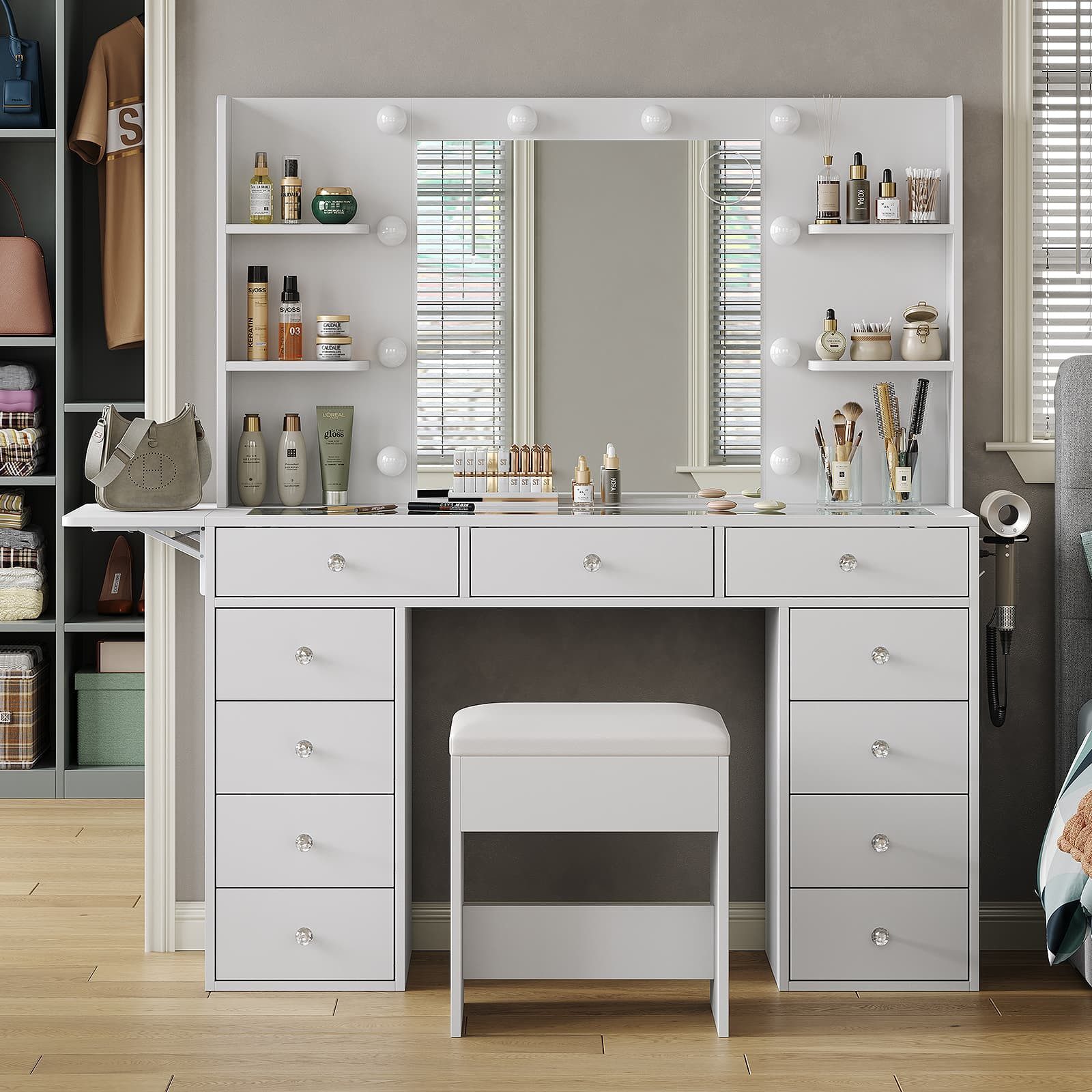 Yanosaku Schminktisch mit Spiegel & Beleuchtung, 11 Schubladen, 12 LED Make-up Tisch (1-St), integrierter Ladestation und PU-Schminkhocker