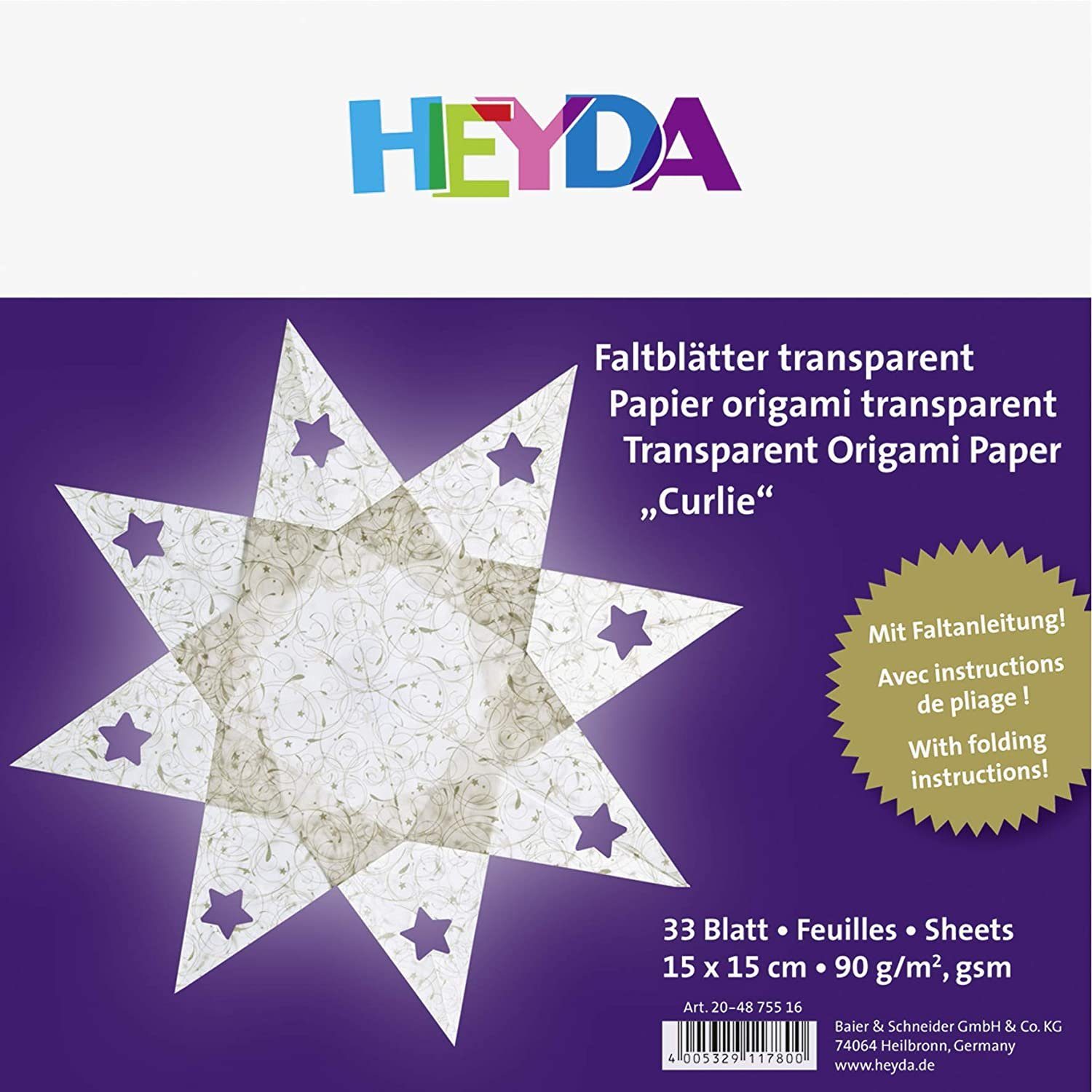 Heyda Bastelkartonpapier Origami transparent "Curlie gold" Faltblätter HEYDA
