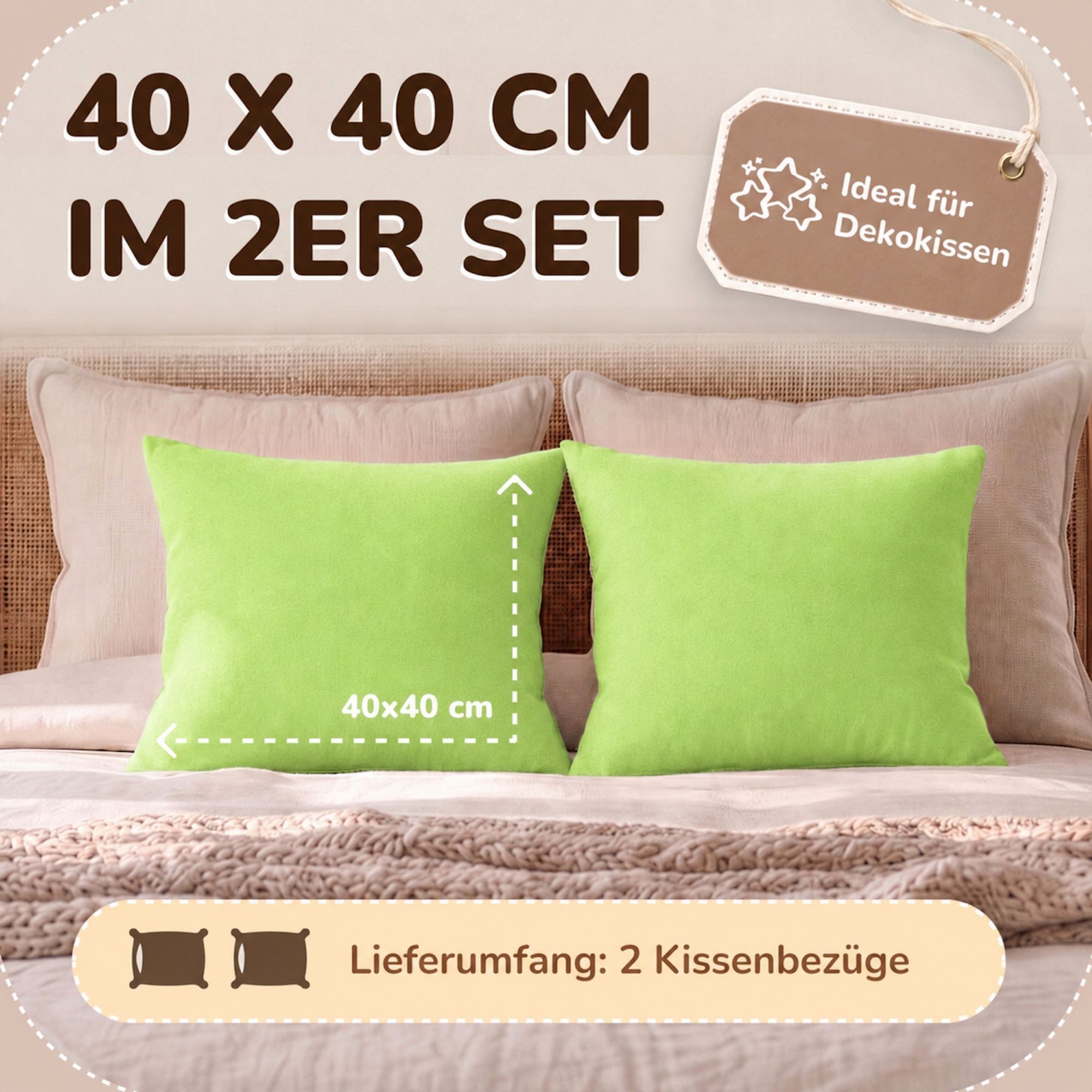 leevitex® Kissenbezüge Kissenbezug 40 x 40 cm, 2er Set, Apfelgrün, Hellgrün, (2 Stück), feine Jersey-Qualität, 100% Baumwolle, robuster Reißverschluss