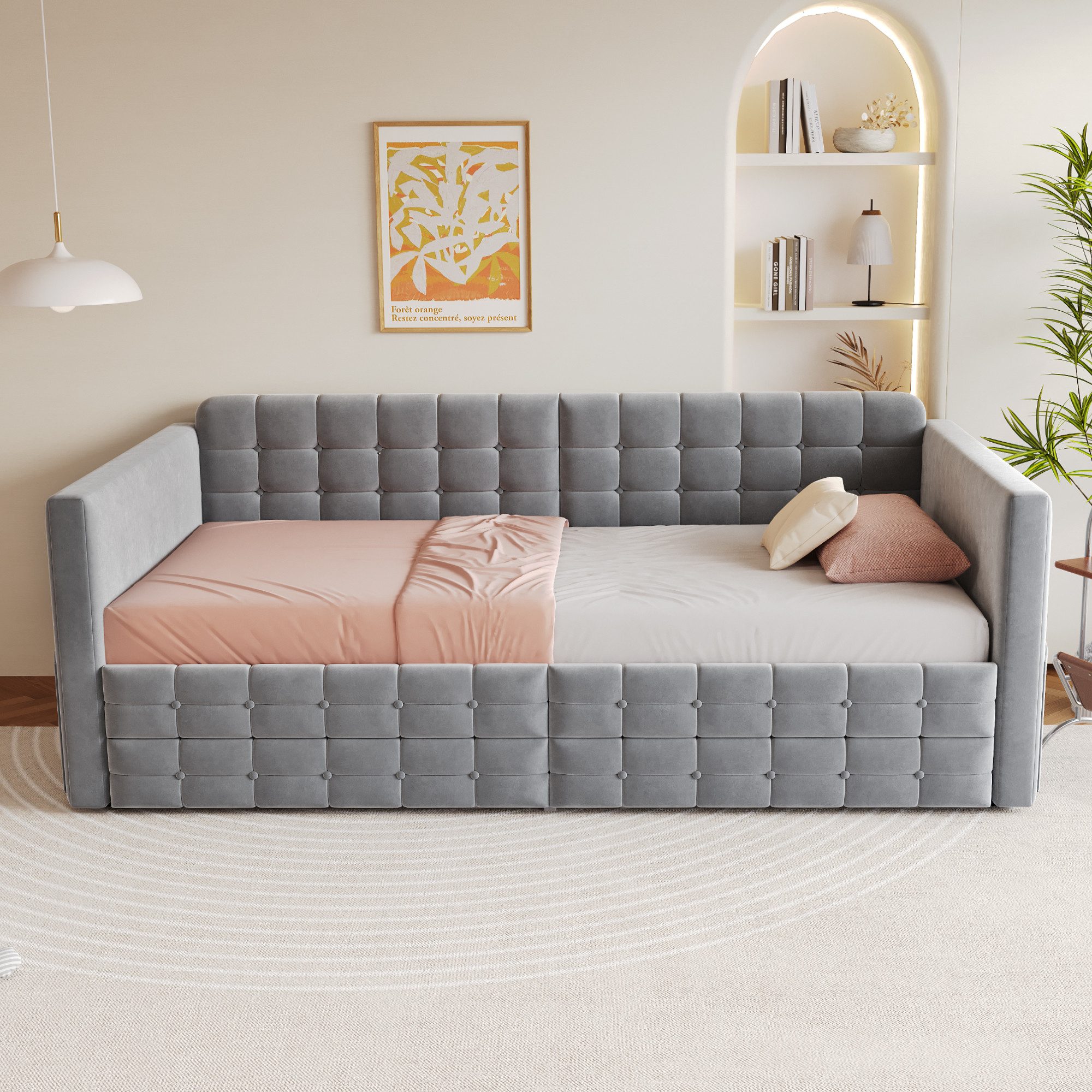 Merax Daybett 90×190cm mit klassischem Karomuster (Schlafsofa Sofabett Jugendbett Kinderbett, 1 tlg), Polsterbett Tagesbett mit seitlichen Staufächern, 2 Schubladen, Samt