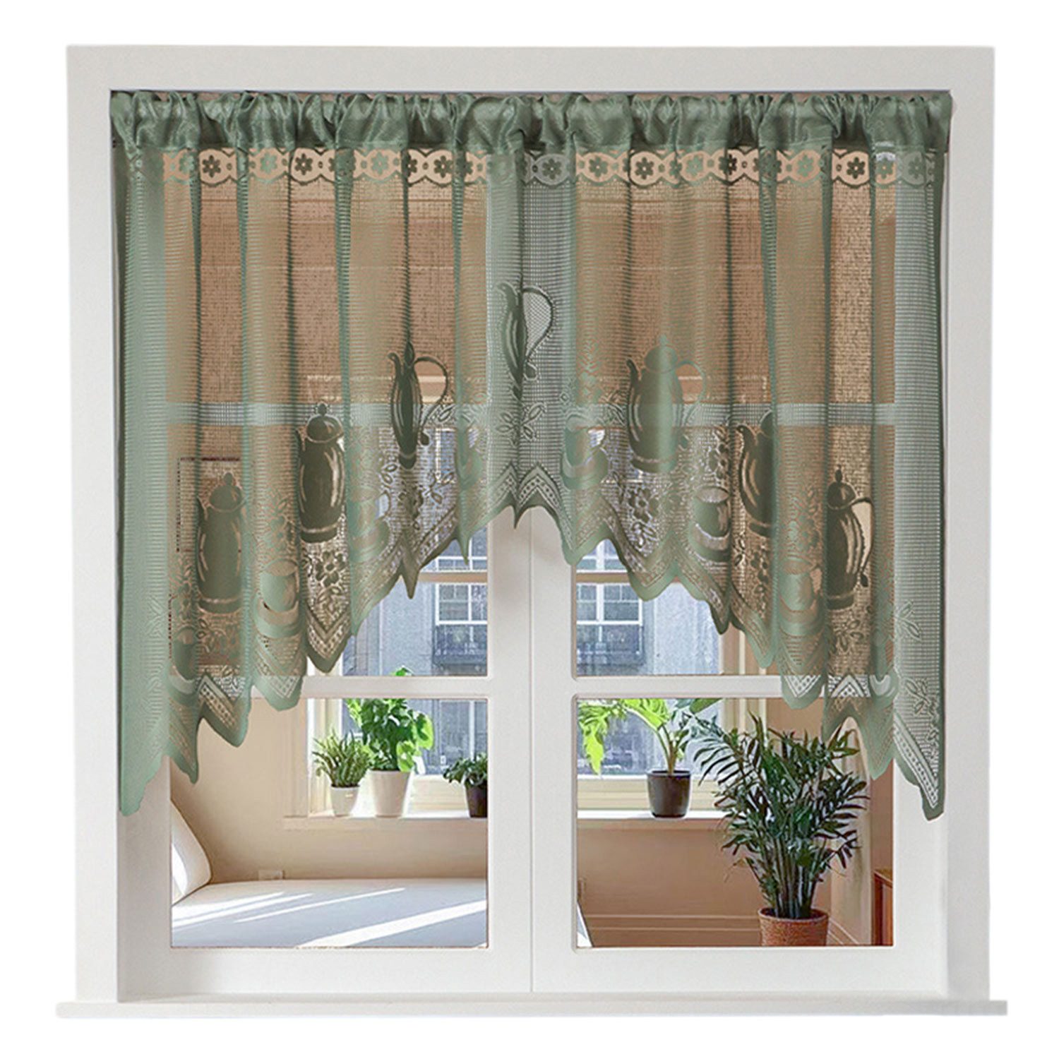 Refttenw Scheibengardine Spitze Kurze Vorhänge Cafe Vorhang mit Stangentasche, Stangendurchzug (1 St), halbtransparent, Teekanne&Tasse Drucken, mit Stangentasche -Grün,150x100cm (BxH)
