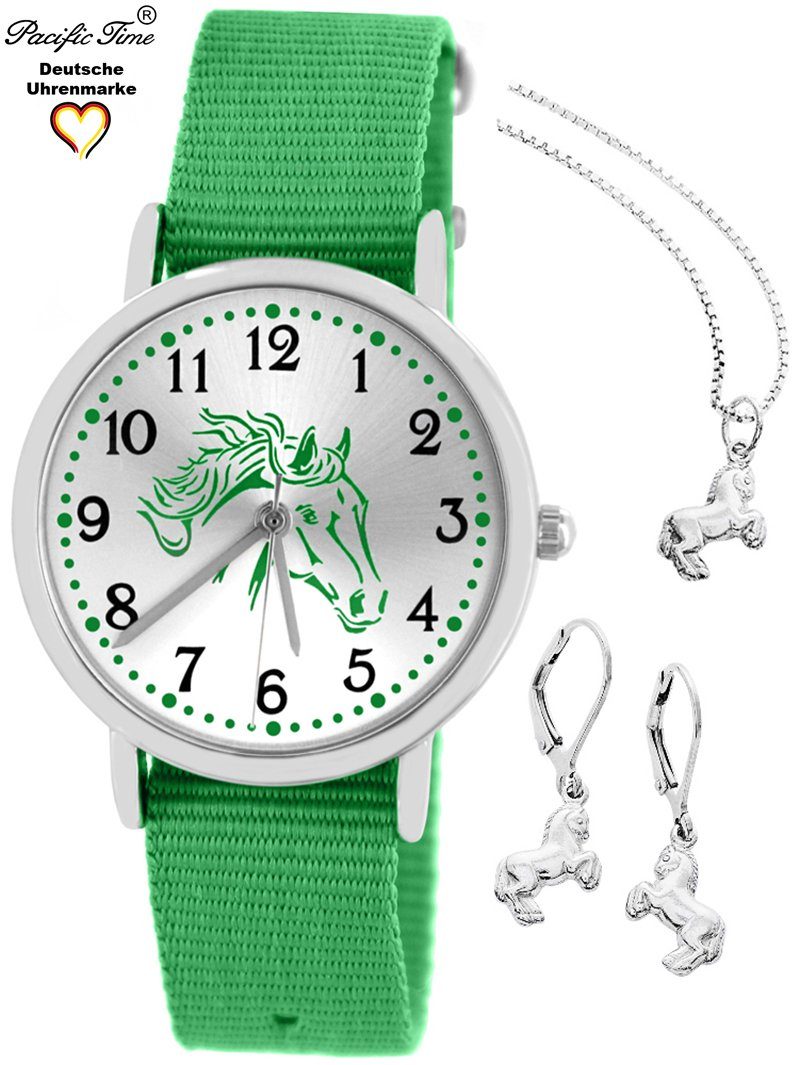 Pacific Time Quarzuhr Set Kinder Armbanduhr Pferd Wechselarmband und Schmuckset, (mit 925er Schmuckset), Mix und Match Design - Gratis Versand grün
