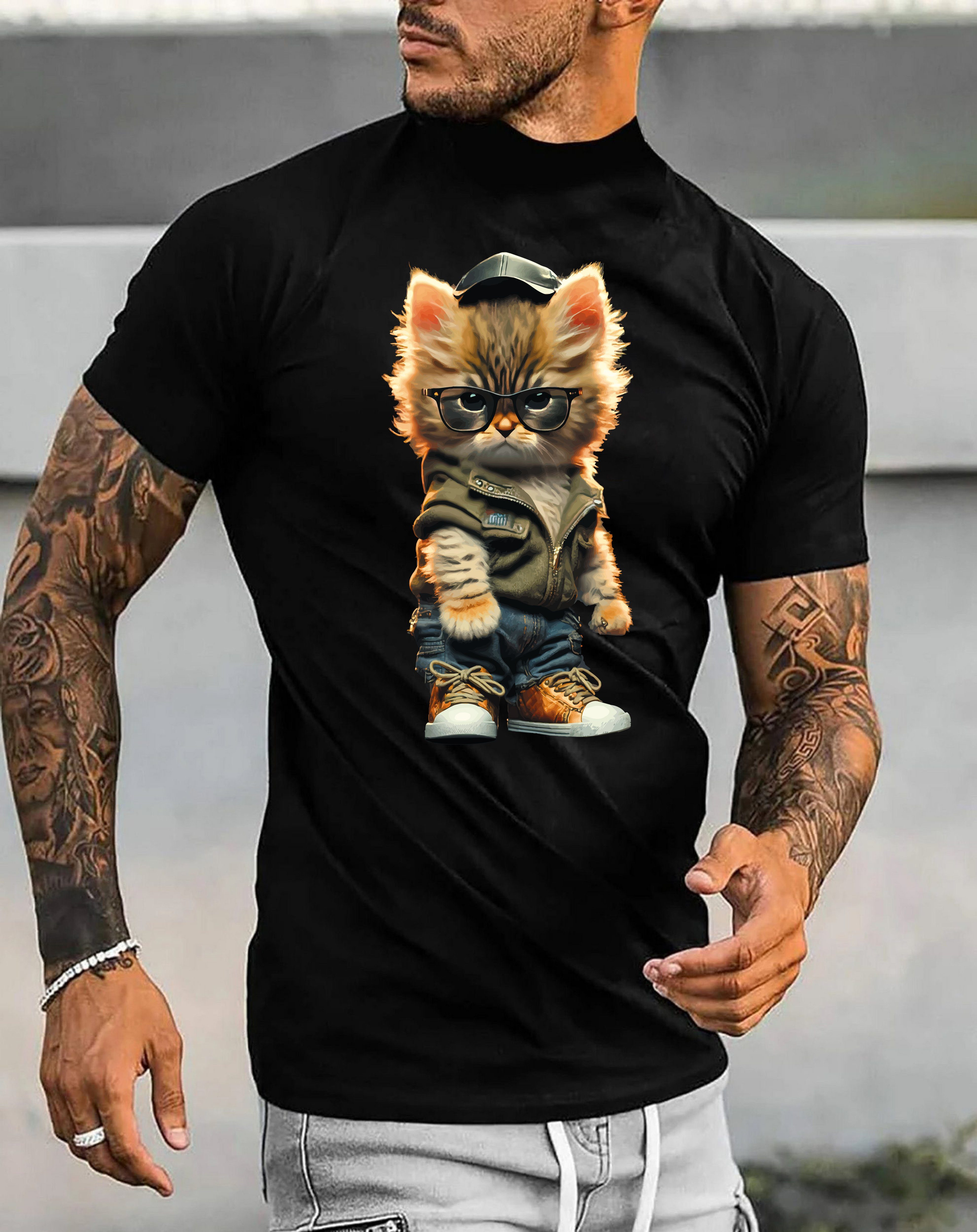 RMK T-Shirt Herren Basic Rundhals mit Gangster süße Katze Cat in Unifarbe, aus Baumwolle, Rundhalsausschnitt