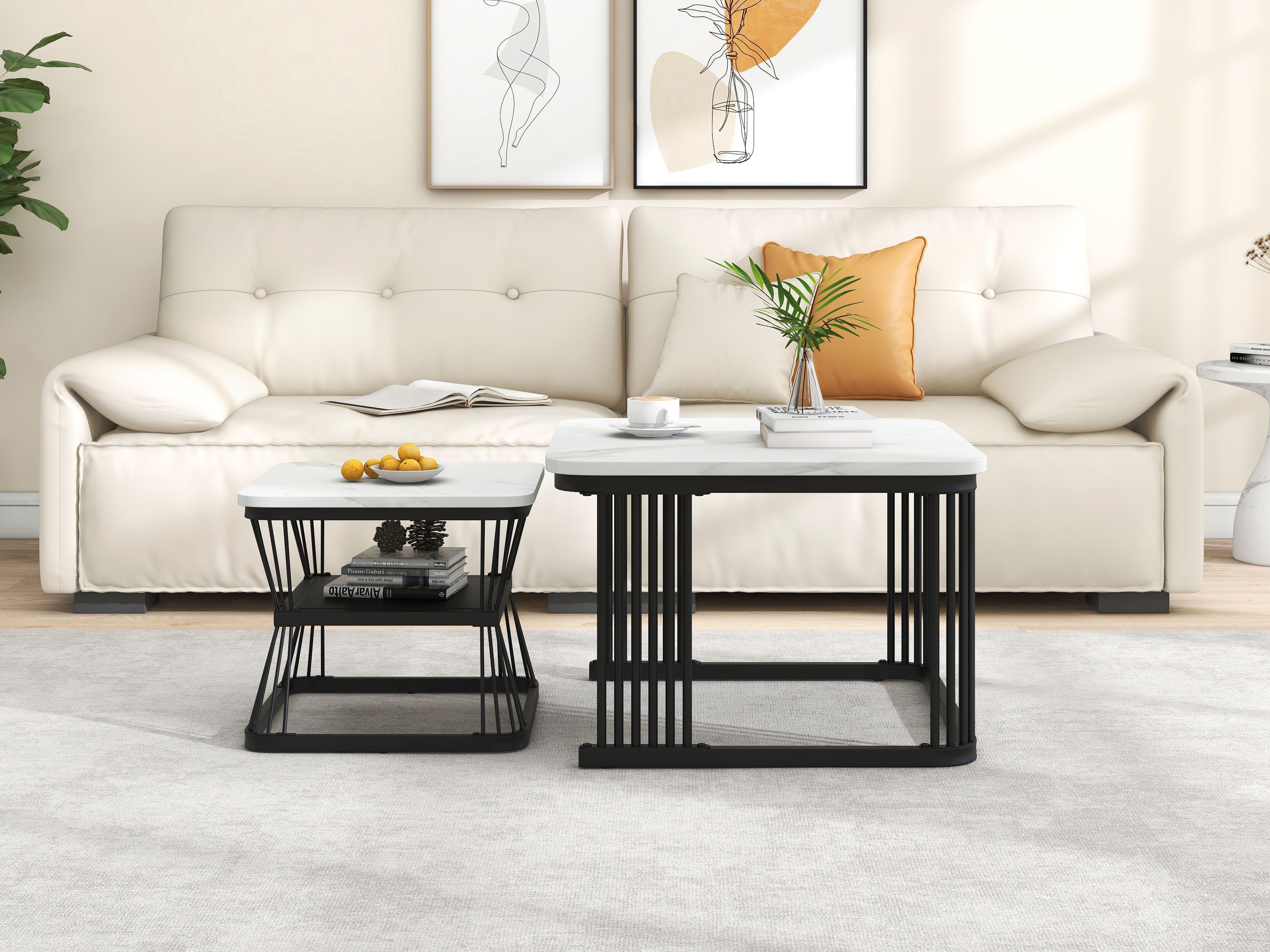 JOIVI Couchtisch Beistelltisch in Marmoroptik, Kaffeetisch mit schwarz matt Stahlrohre (2er Set Tisch, 2er-Set), Wohnzimmertisch mit Stapelbarem Design