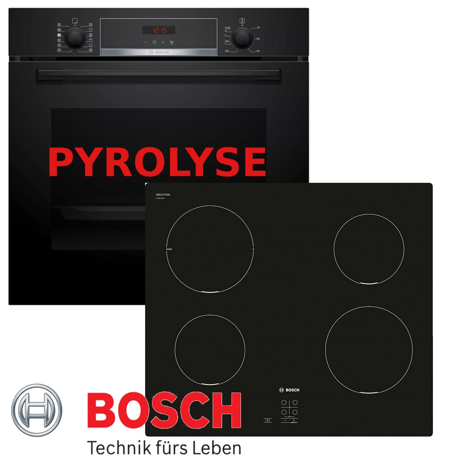 BOSCH Induktions Herd-Set Pyrolyse Backofen Schwarz Autark mit Kochfeld Induktion, Pyrolyse-Selbstreinigung, Pyrolyse + Hydrolyse