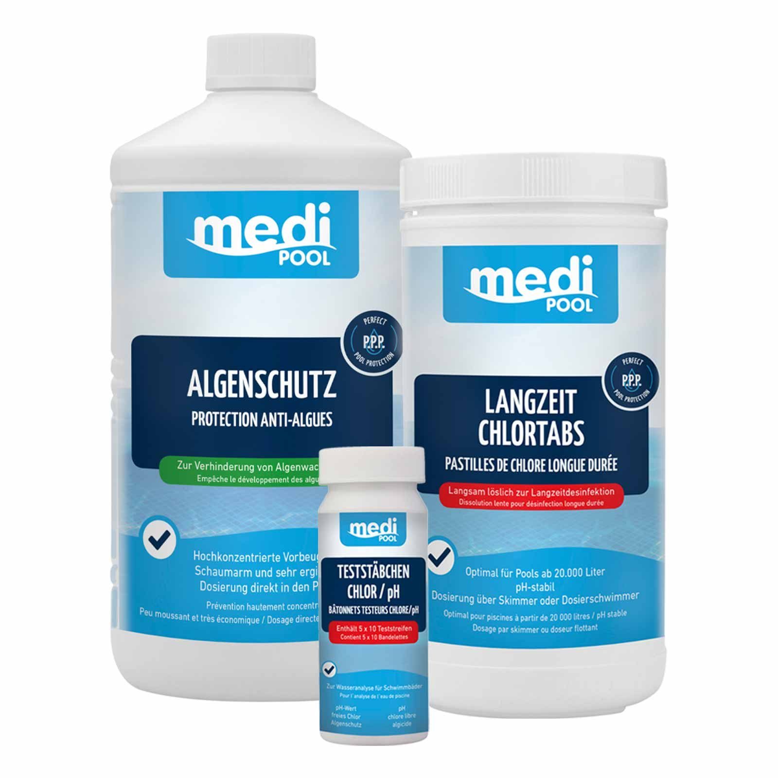 mediPOOL Poolpflege Wasserpflege Chlor Algen inkl Algenschutz LangzeitChlorTabs, (Set)