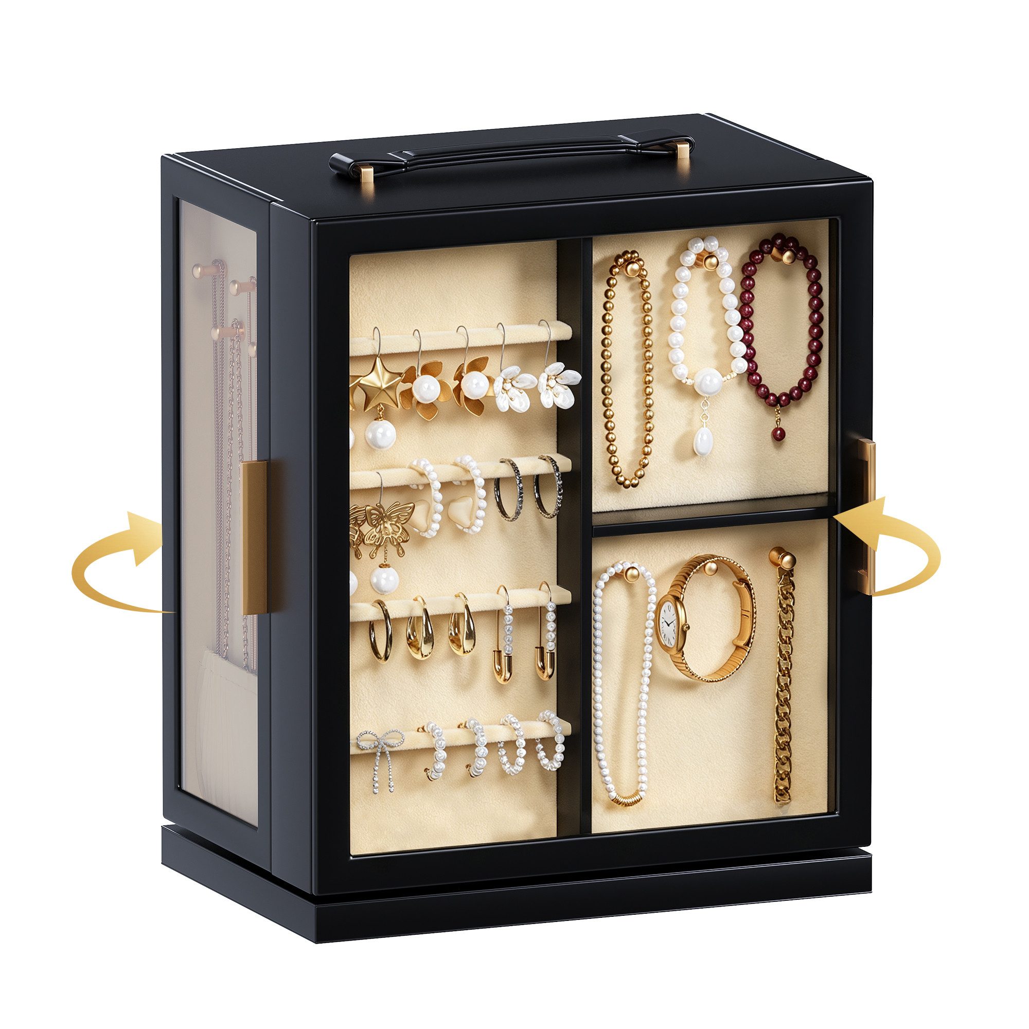 Hausright Schmuckkasten mit 5 Schubladen, 360° drehbarer Schmuckaufbewahrung Glasfront, 10 Bereichen, für Halsketten, Ringe, Armbänder, Ohrringe, Uhren