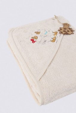 Ecocotton Badeponcho Baby Poncho Set HAPPY DUCK aus 100% Bio Baumwolle (4-teilig), Baumwolle (Bio- GOTS-zertifiziert), Kapuze, Poncho zum Überziehen, Lätzchen mit Druckknopf, Poncho mit Kapuze