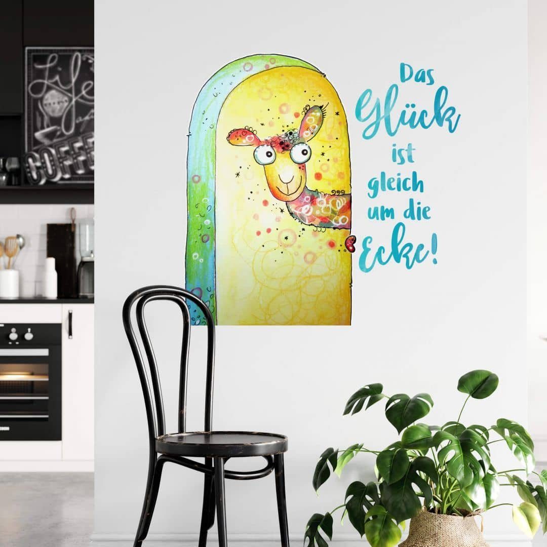 K&L Wall Art Wandtattoo Wandtattoo Hagenmeyer lustiges Lama Glück ist gleich um die Ecke, Lustige Wandsticker für Flur und Büro, hergestellt in Berlin