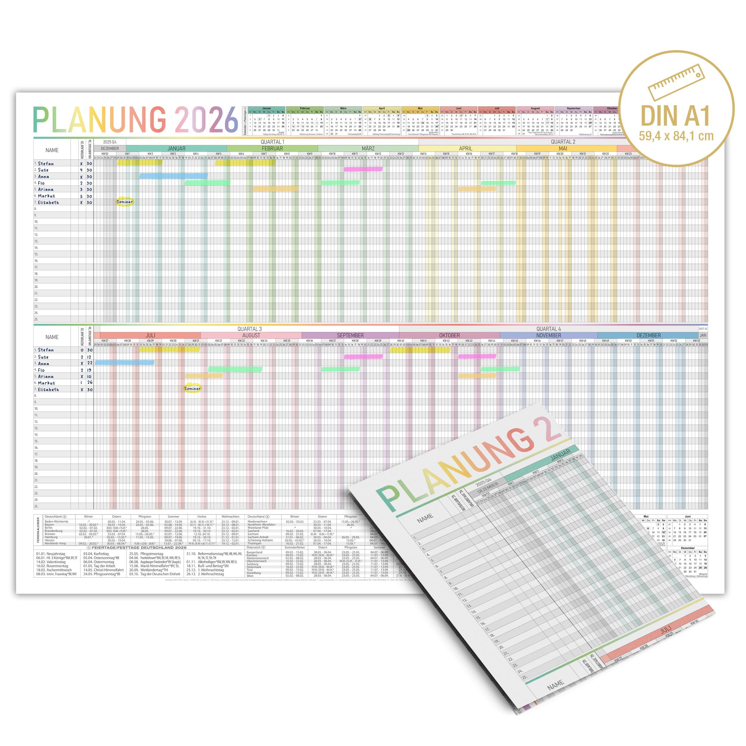 TOBJA Wandkalender A1 Urlaubsplaner 2026 Mitarbeiterplaner (59 x 84 cm), Urlaubskalender Schichtplaner Mitarbeiterplaner Dienstplan