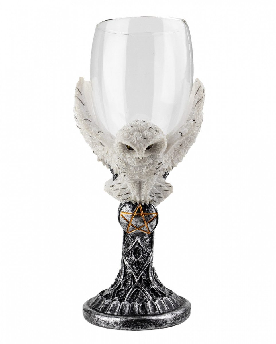 Dekofigur Gothic Schneeeule mit Pentagramm Glas als Tischdek