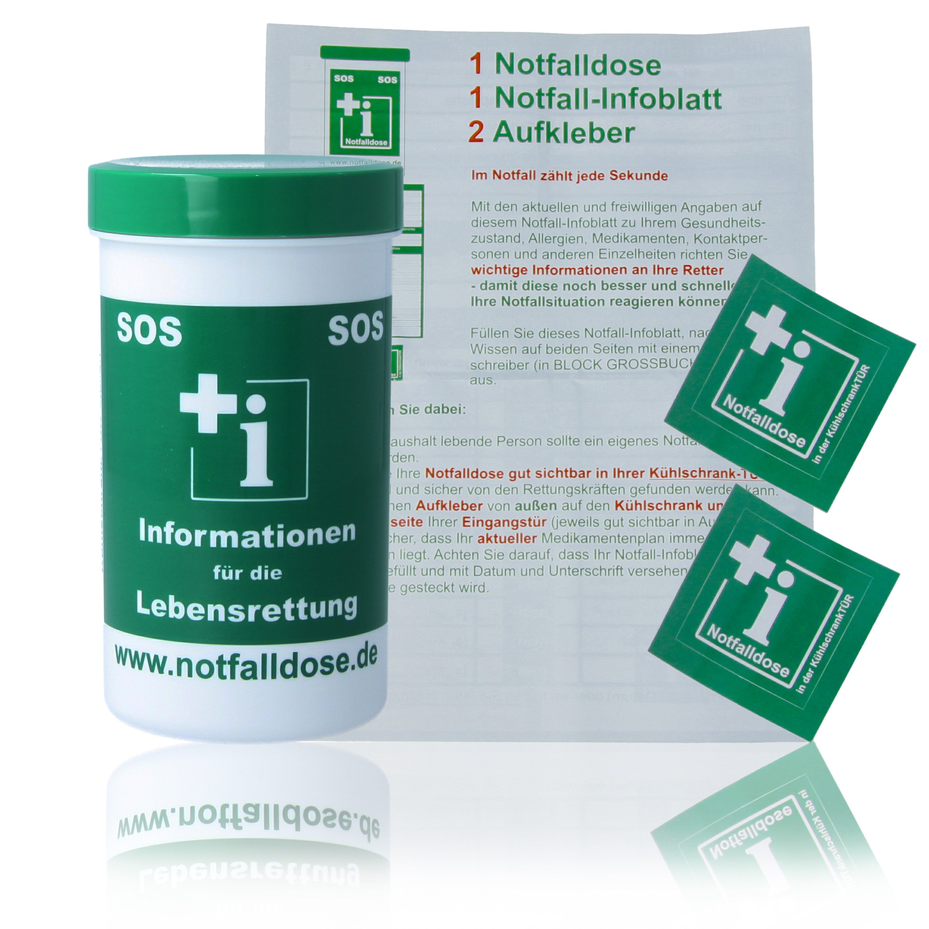 acavi Erste-Hilfe-Set Notfalldose SOS mit individual Notfall-Infoblatt und 2 Aufklebern, (Komplett-Set, 1 St), Lebensrettende Informationen griffbereit aufbewahren